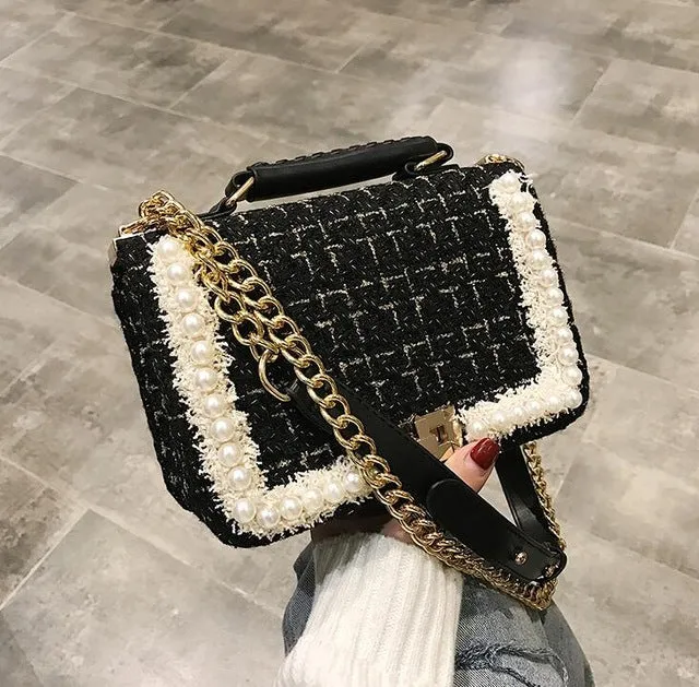 2020 Fashion New Female Square Tote bag Quality Woolen Pearl Women's Designer Handbag Ladies Chain Shoulder Crossbody Bag Travel Fashion Nova Bags
