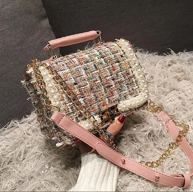 2020 Fashion New Female Square Tote bag Quality Woolen Pearl Women's Designer Handbag Ladies Chain Shoulder Crossbody Bag Travel Fashion Nova Bags