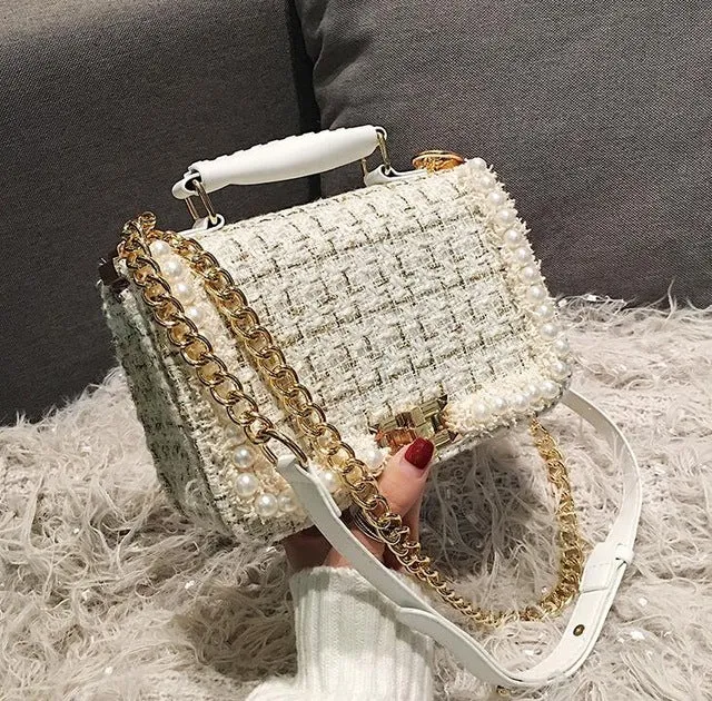 2020 Fashion New Female Square Tote bag Quality Woolen Pearl Women's Designer Handbag Ladies Chain Shoulder Crossbody Bag Travel Fashion Nova Bags