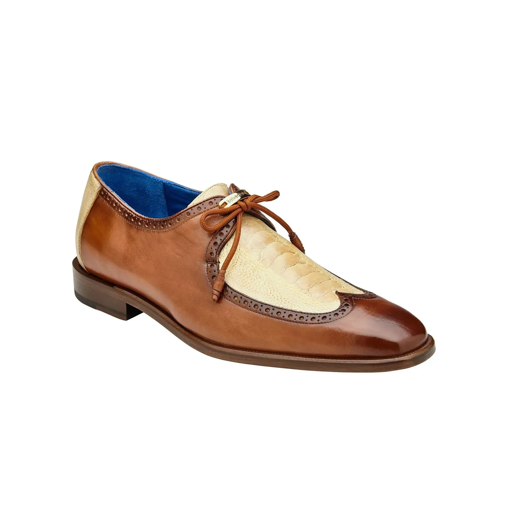Belvedere Exotic Skin Shoes Belvedere Etore in Antique Almond / Bone Ostrich Leg & Leather Oxfords