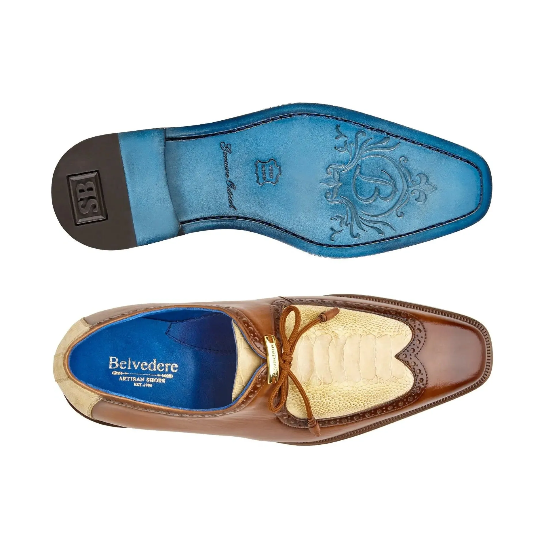 Belvedere Exotic Skin Shoes Belvedere Etore in Antique Almond / Bone Ostrich Leg & Leather Oxfords