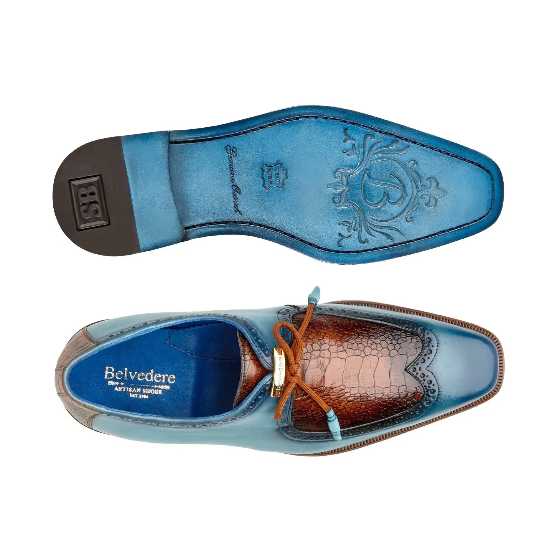 Belvedere Exotic Skin Shoes Belvedere Etore in Antique Aqua / Antique Almond Ostrich Leg & Leather Oxfords