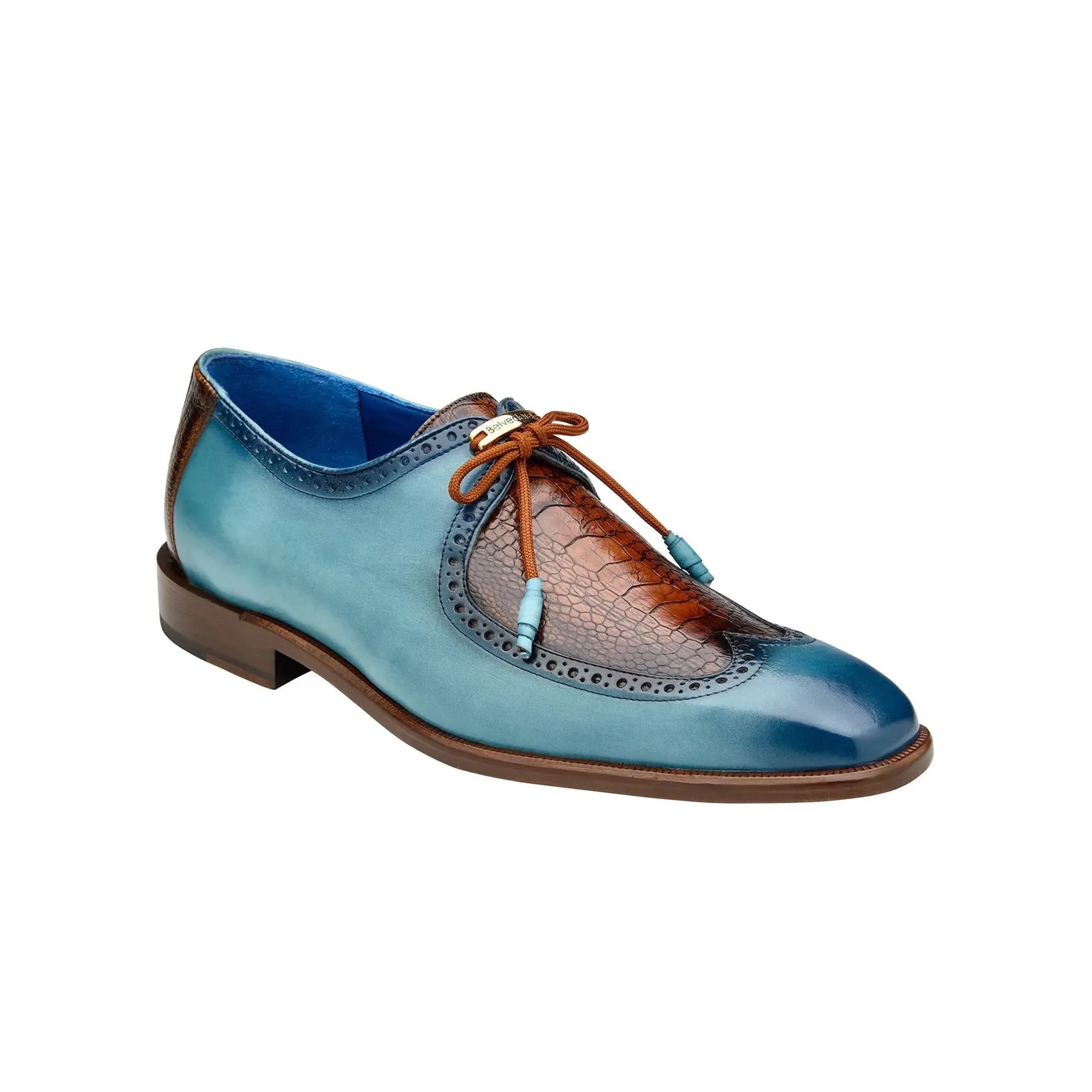 Belvedere Exotic Skin Shoes Belvedere Etore in Antique Aqua / Antique Almond Ostrich Leg & Leather Oxfords
