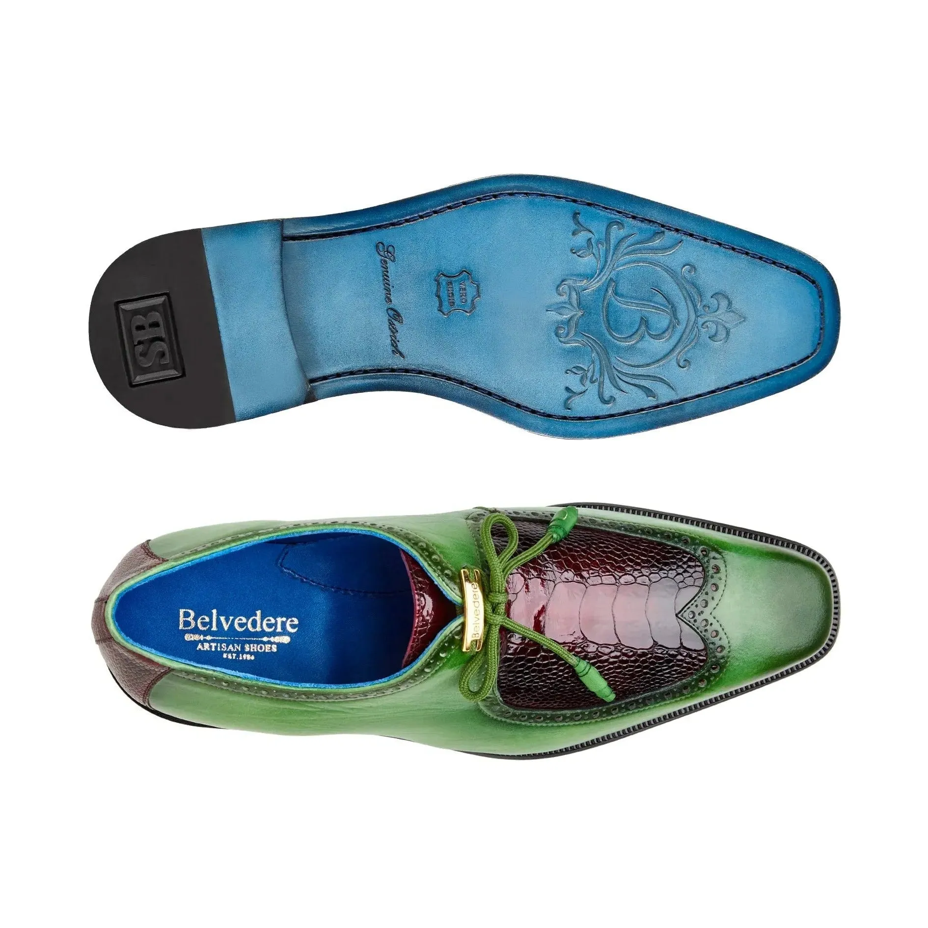 Belvedere Exotic Skin Shoes Belvedere Etore in Antique Emerald / Wine Ostrich Leg & Leather Oxfords