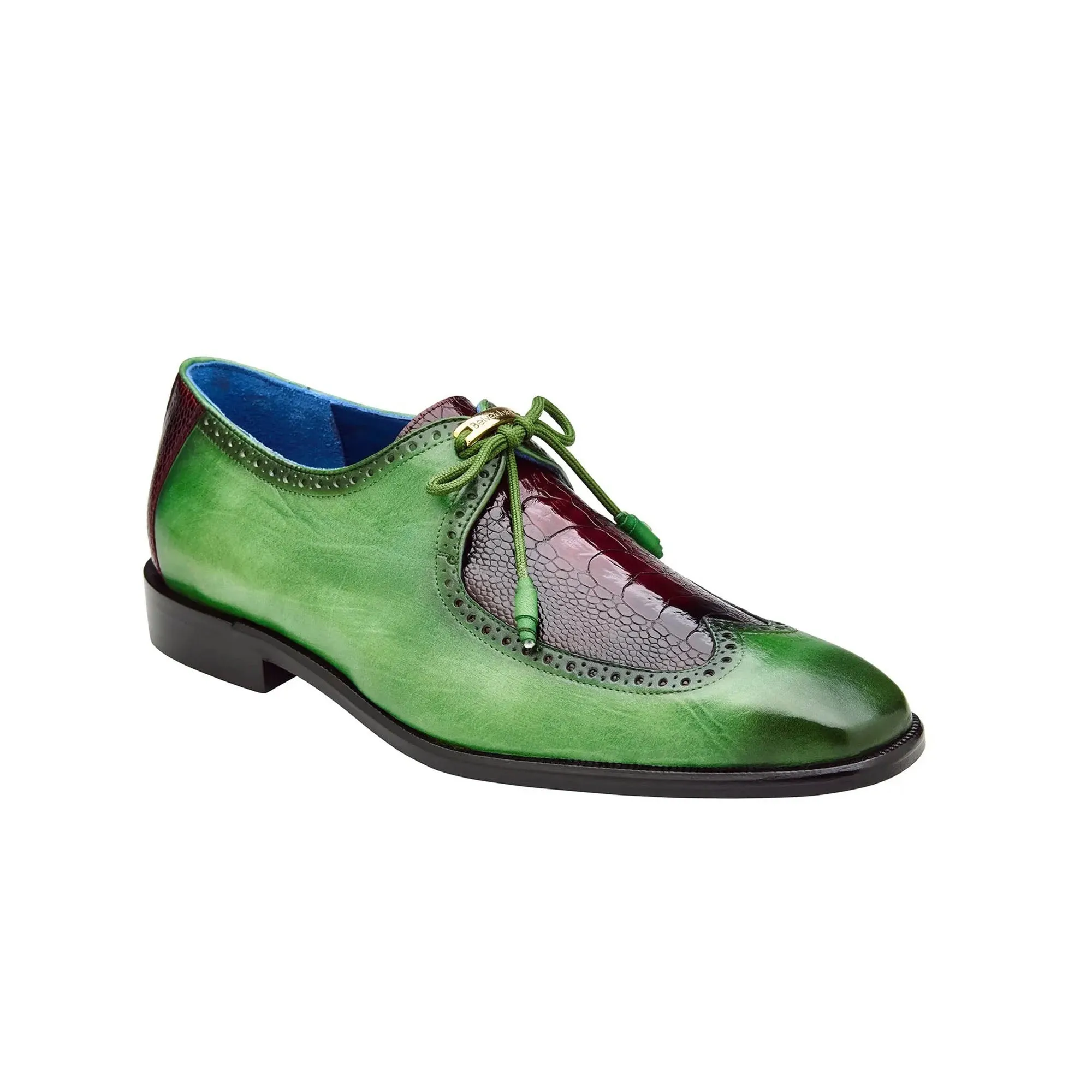 Belvedere Exotic Skin Shoes Belvedere Etore in Antique Emerald / Wine Ostrich Leg & Leather Oxfords
