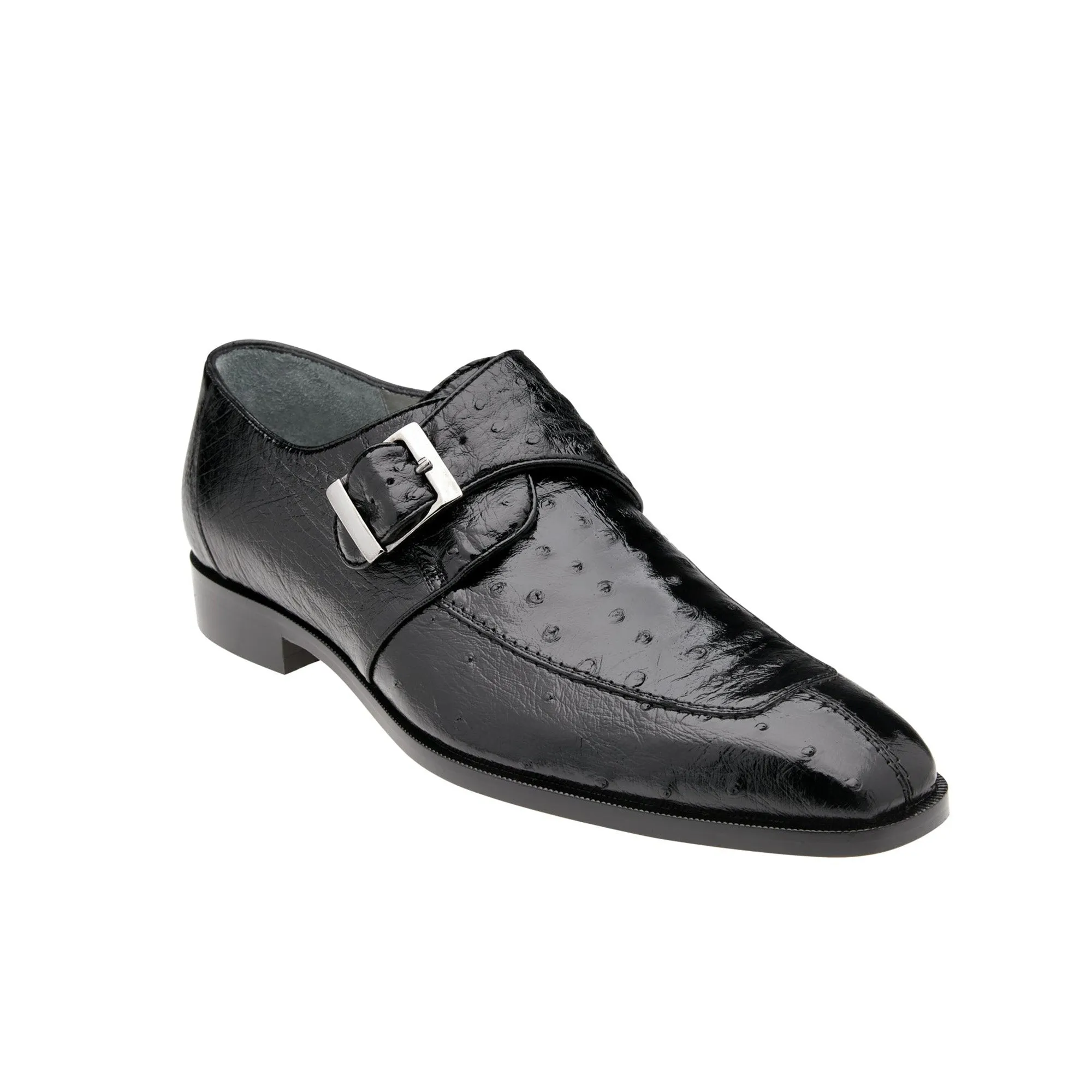 Belvedere Exotic Skin Shoes Belvedere Josh in Black Genuine Ostrich Split Toe Monk Strap Dress Shoes