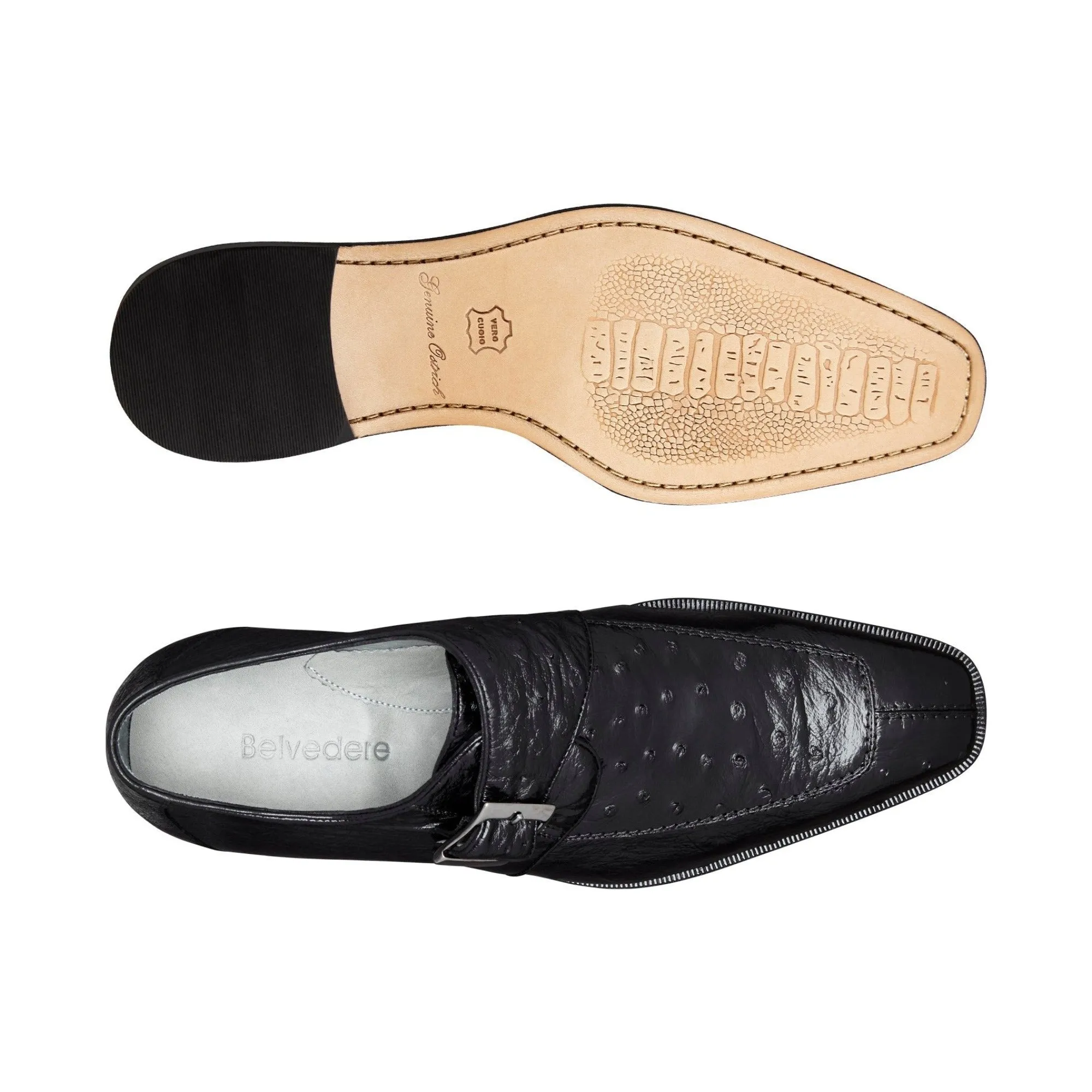 Belvedere Exotic Skin Shoes Belvedere Josh in Black Genuine Ostrich Split Toe Monk Strap Dress Shoes