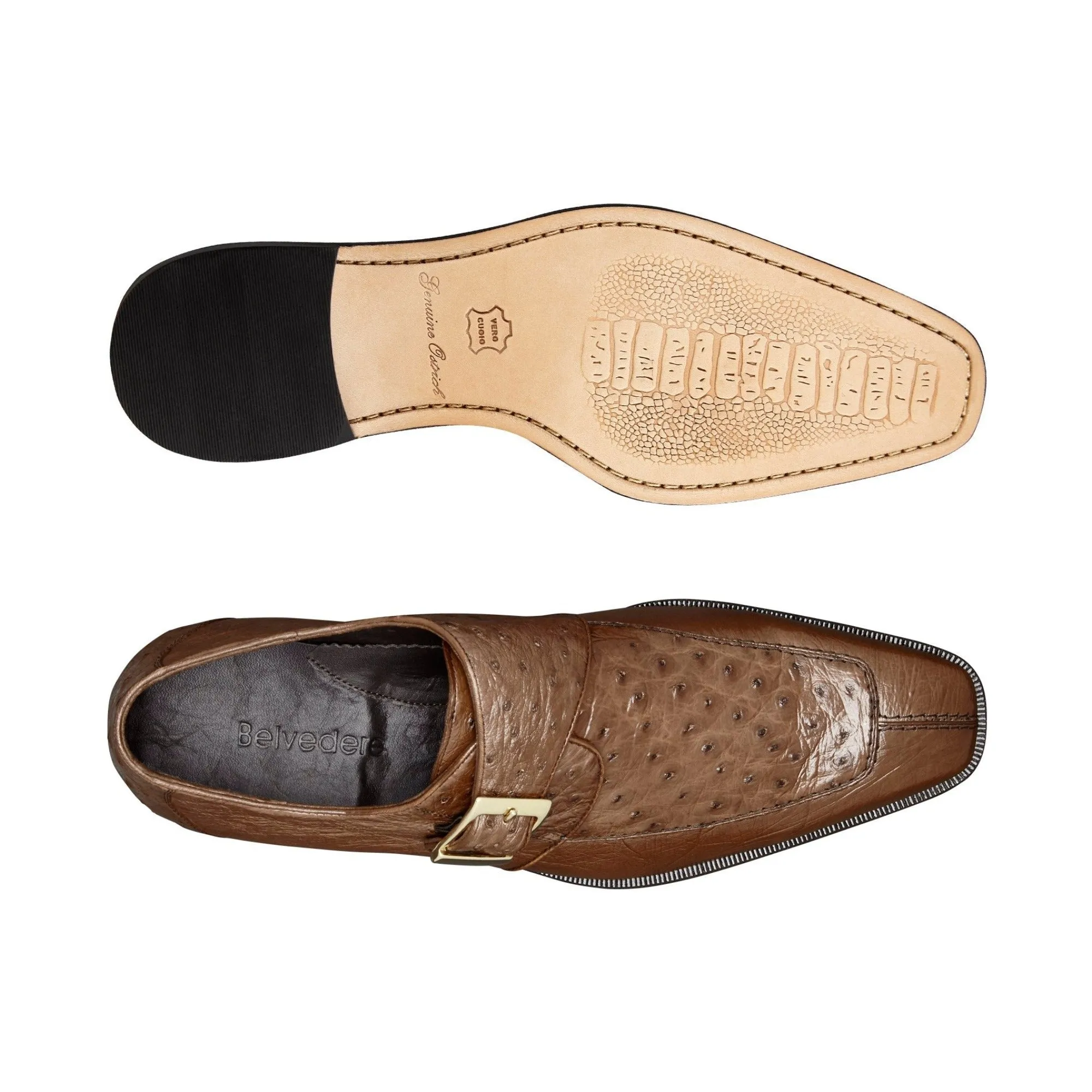 Belvedere Exotic Skin Shoes Belvedere Josh in Brown Genuine Ostrich Split Toe Monk Strap Dress Shoes