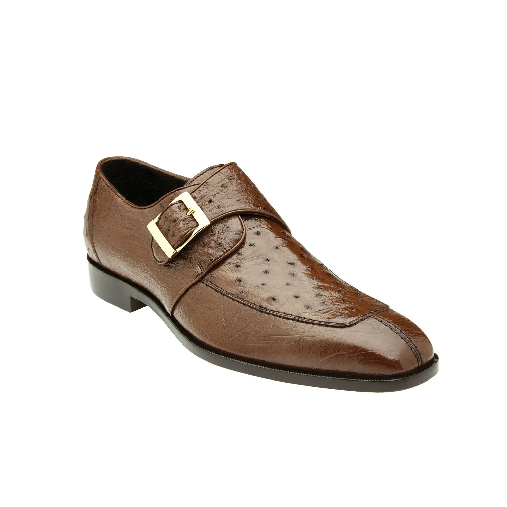Belvedere Exotic Skin Shoes Belvedere Josh in Brown Genuine Ostrich Split Toe Monk Strap Dress Shoes