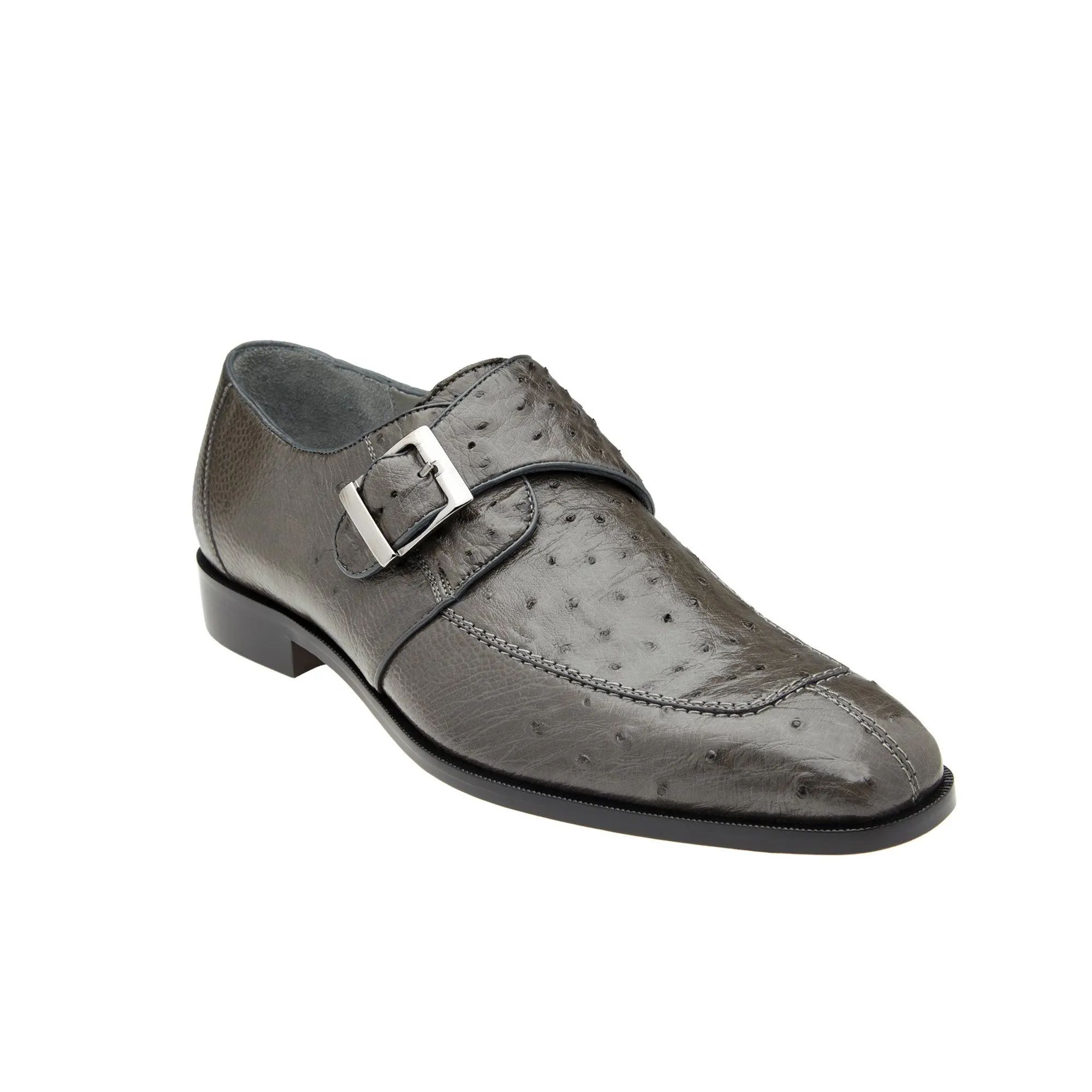 Belvedere Exotic Skin Shoes Belvedere Josh in Gray Genuine Ostrich Split Toe Monk Strap Dress Shoes