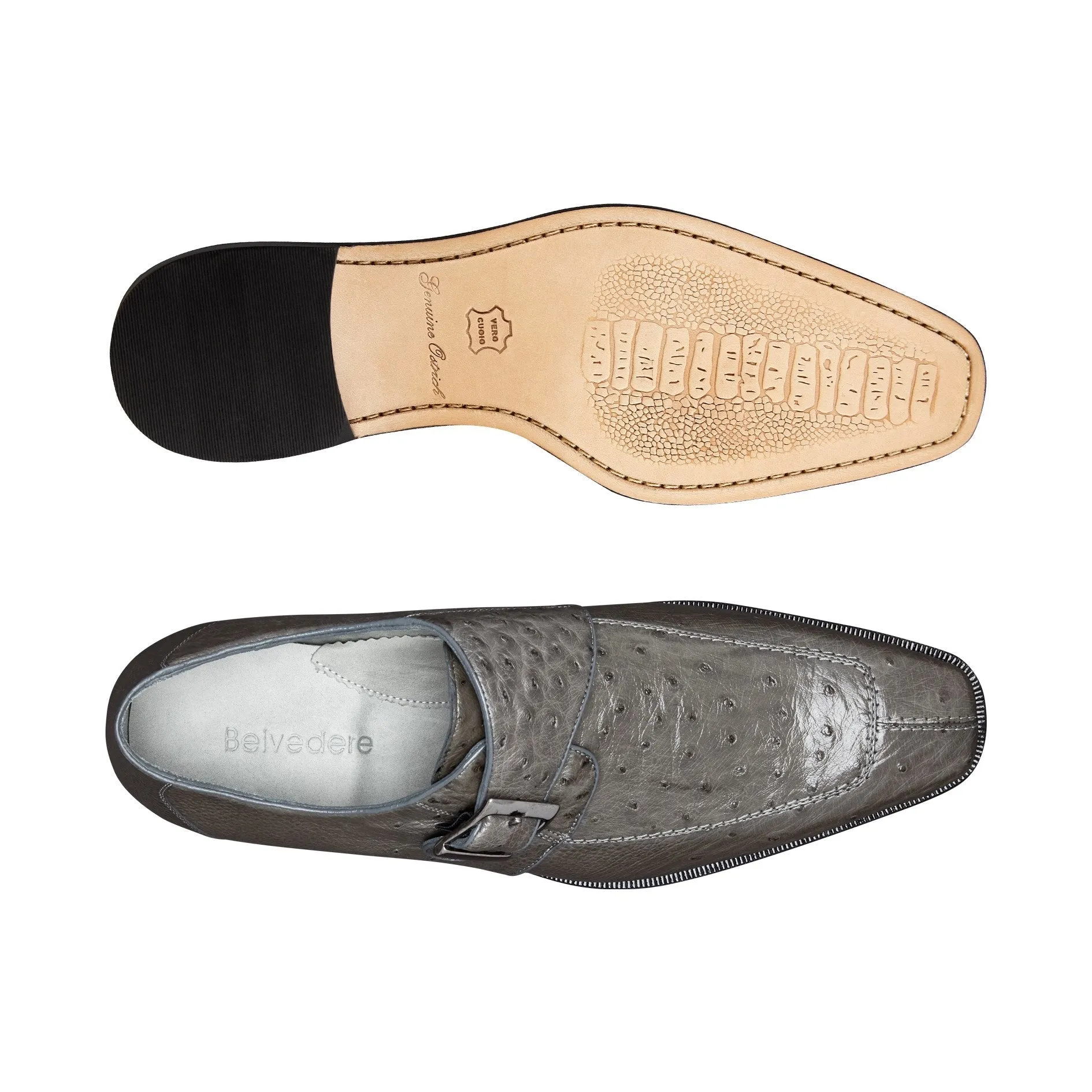 Belvedere Exotic Skin Shoes Belvedere Josh in Gray Genuine Ostrich Split Toe Monk Strap Dress Shoes