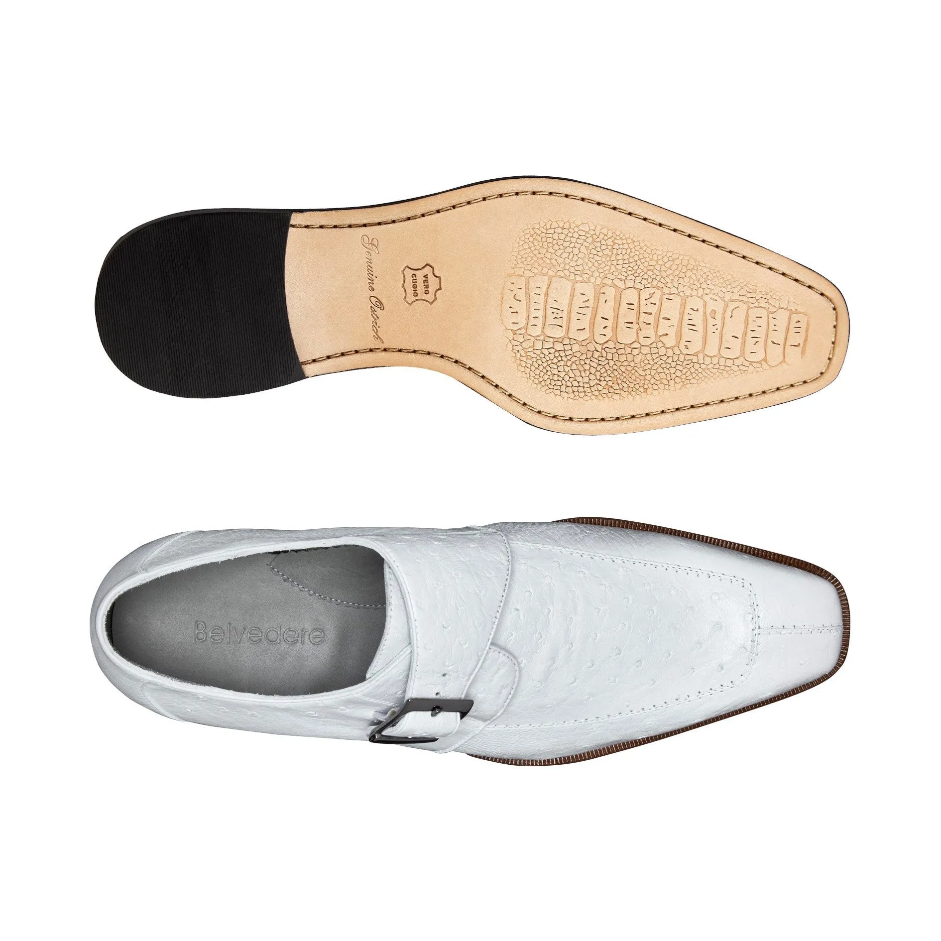 Belvedere Exotic Skin Shoes Belvedere Josh in White Genuine Ostrich Split Toe Monk Strap Dress Shoes
