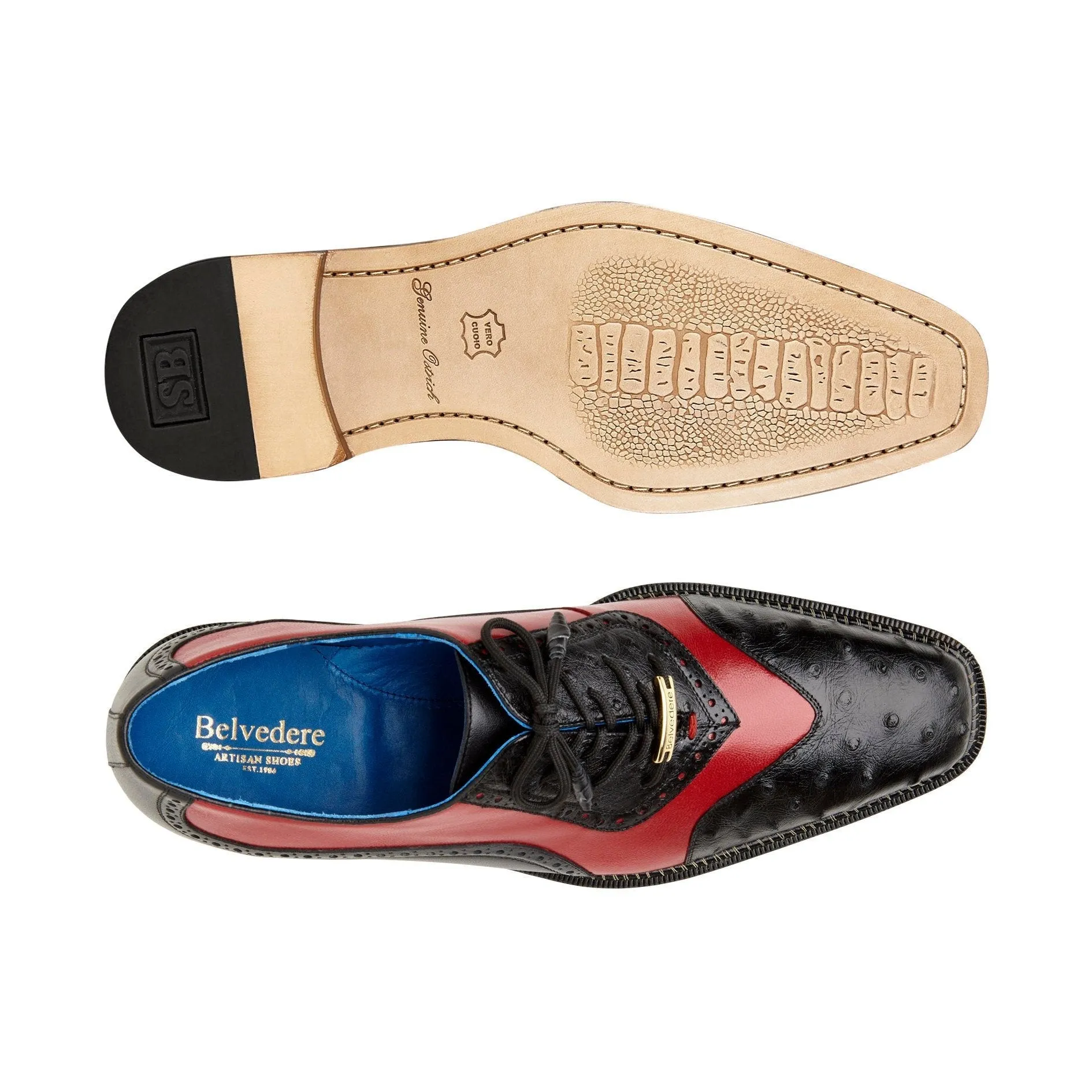 Belvedere Exotic Skin Shoes Belvedere Sesto in Black / Red Ostrich Quill & Leather Dress Shoes