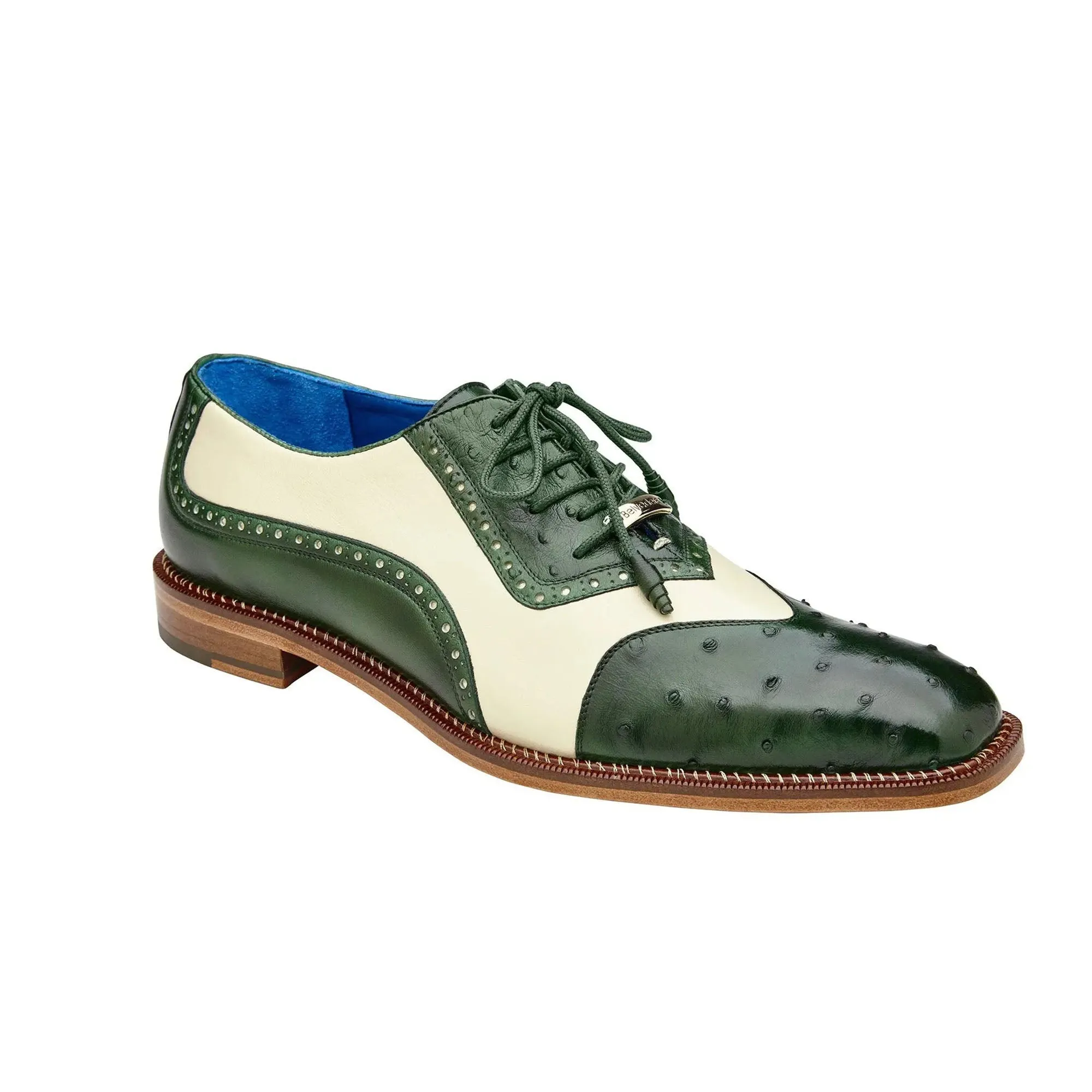 Belvedere Exotic Skin Shoes Belvedere Sesto in Forest / Cream Ostrich Quill & Leather Dress Shoes