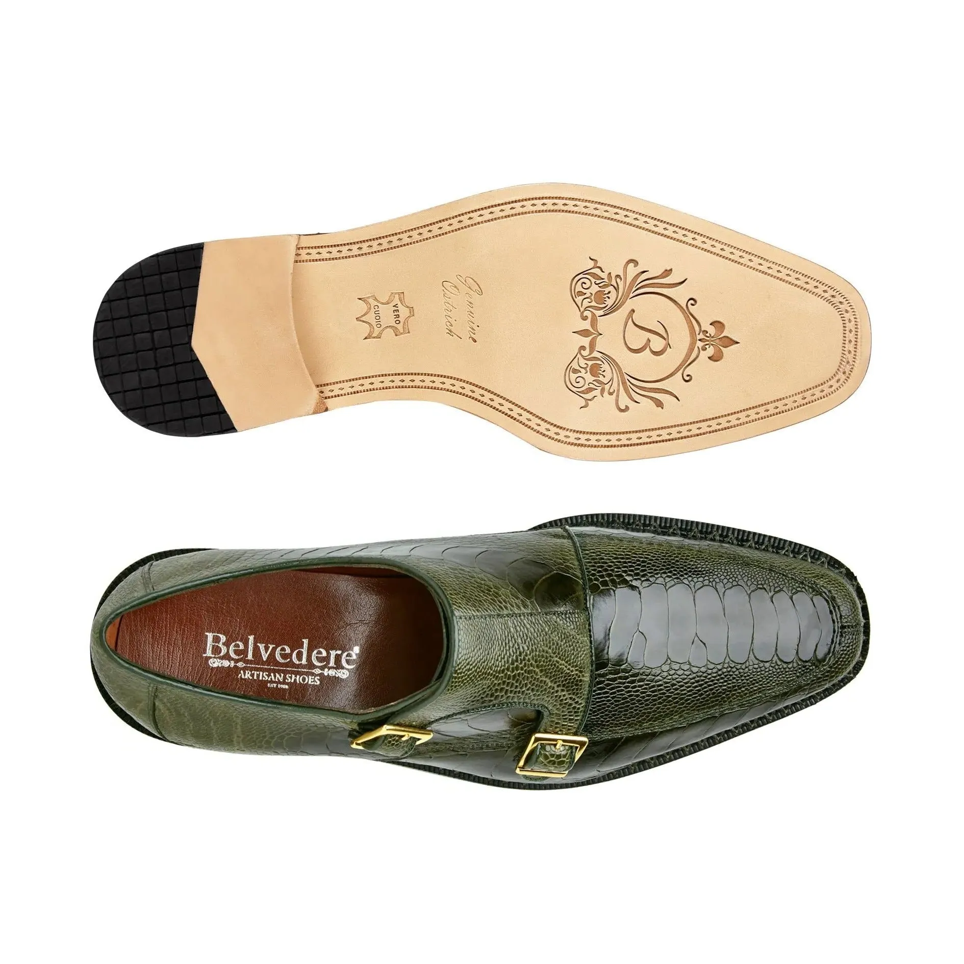 Belvedere Exotic Skin Shoes Belvedere Valiente in Antique Forest Ostrich Leg Monkstraps
