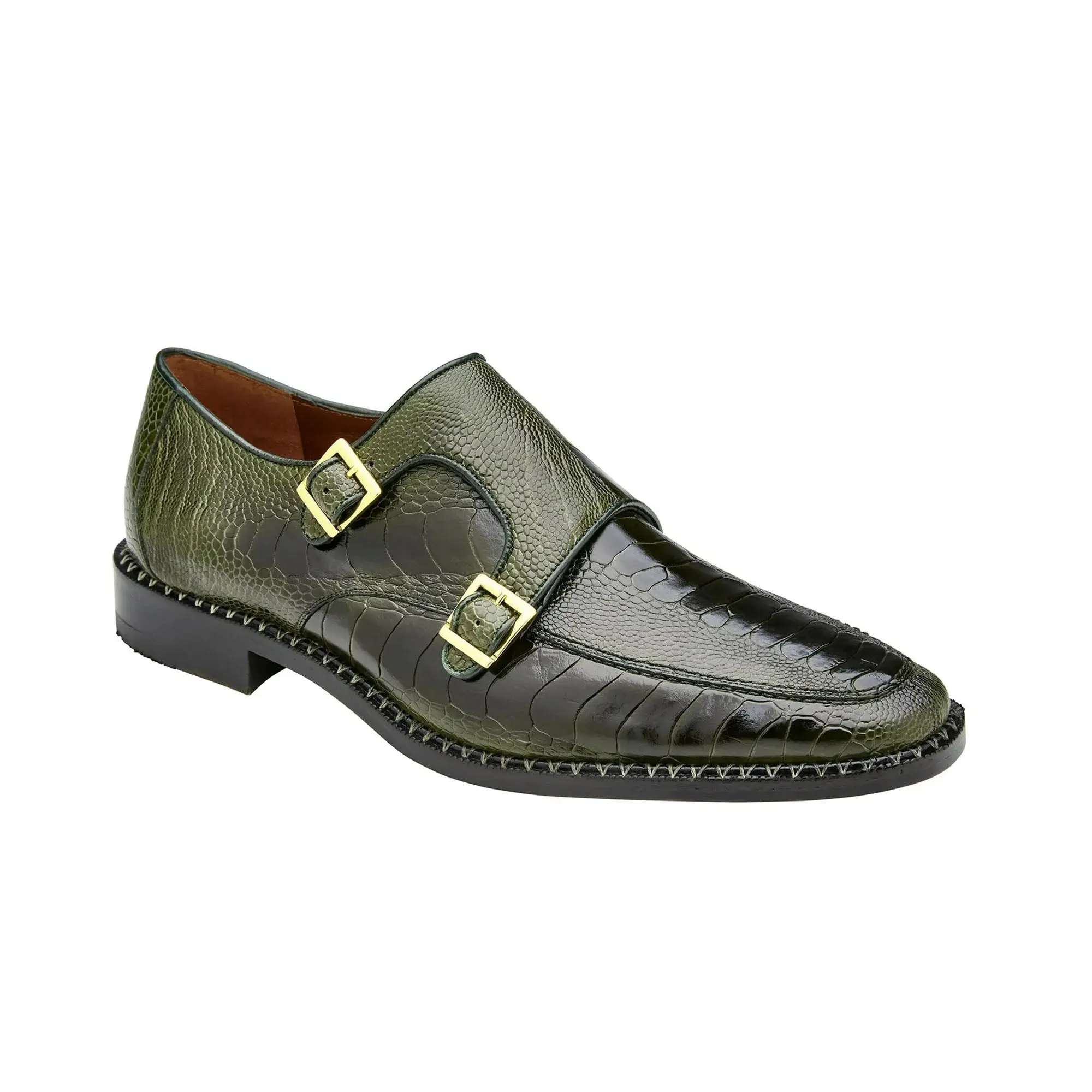 Belvedere Exotic Skin Shoes Belvedere Valiente in Antique Forest Ostrich Leg Monkstraps