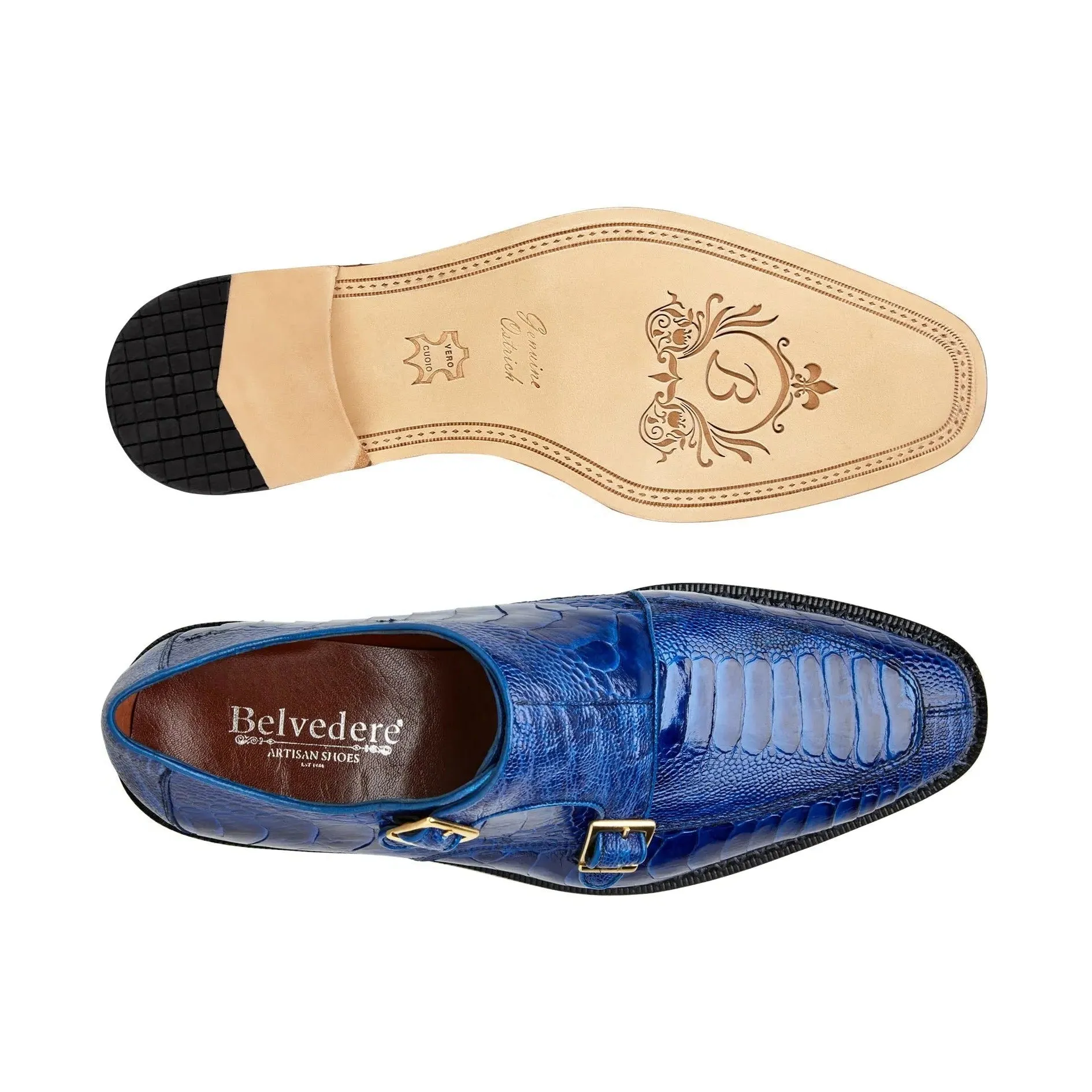 Belvedere Exotic Skin Shoes Belvedere Valiente in Antique Ocean Ostrich Leg Monkstraps
