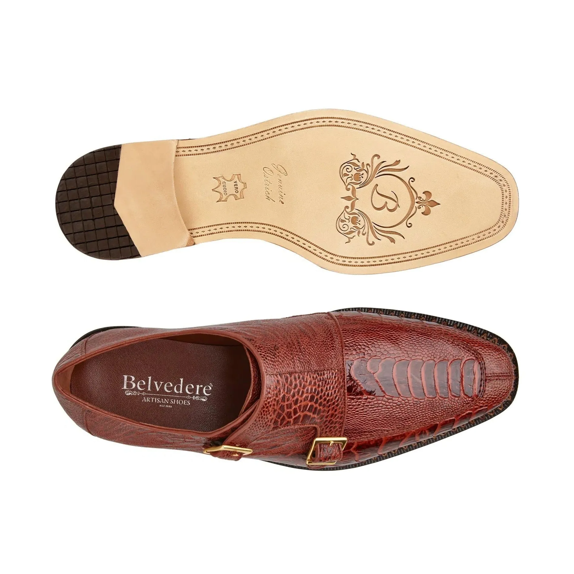 Belvedere Exotic Skin Shoes Belvedere Valiente in Antique Rust Ostrich Leg Monkstraps