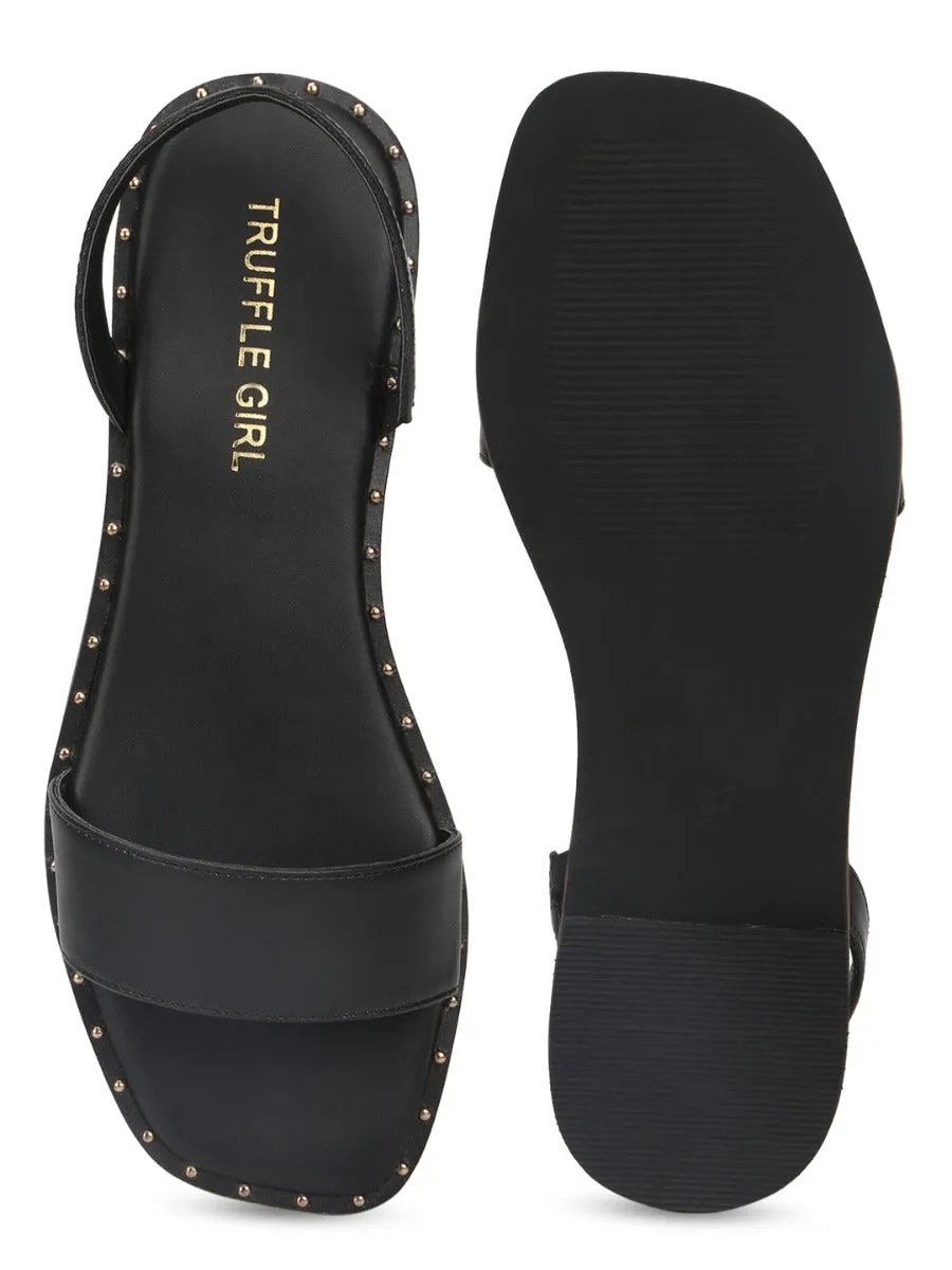 Black PU Flat Sandals With Back Strap