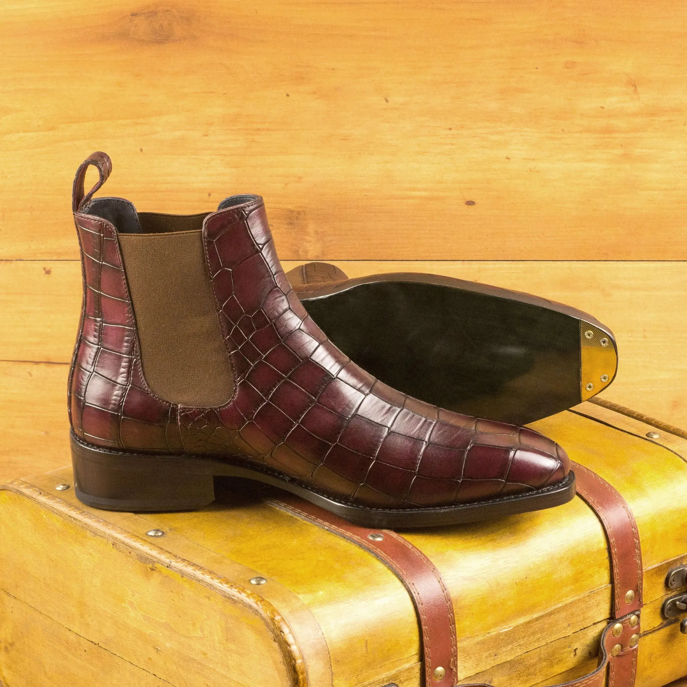 Dapperfam Shoes DapperFam Monza in Burgundy Men's Italian Croco Embossed Leather Chelsea Boot