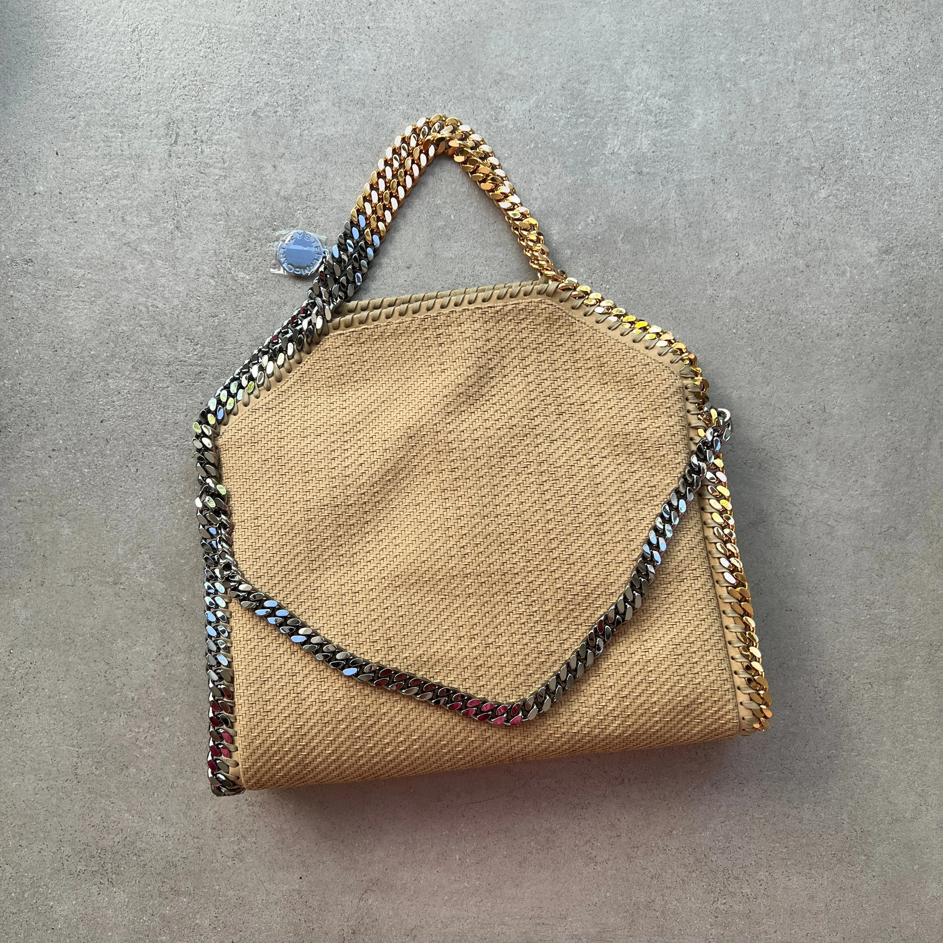 Falabella Large 3 Chain Tote Bag in Woven Suede, Light Camel Bags_Stella Mccartney_Bags