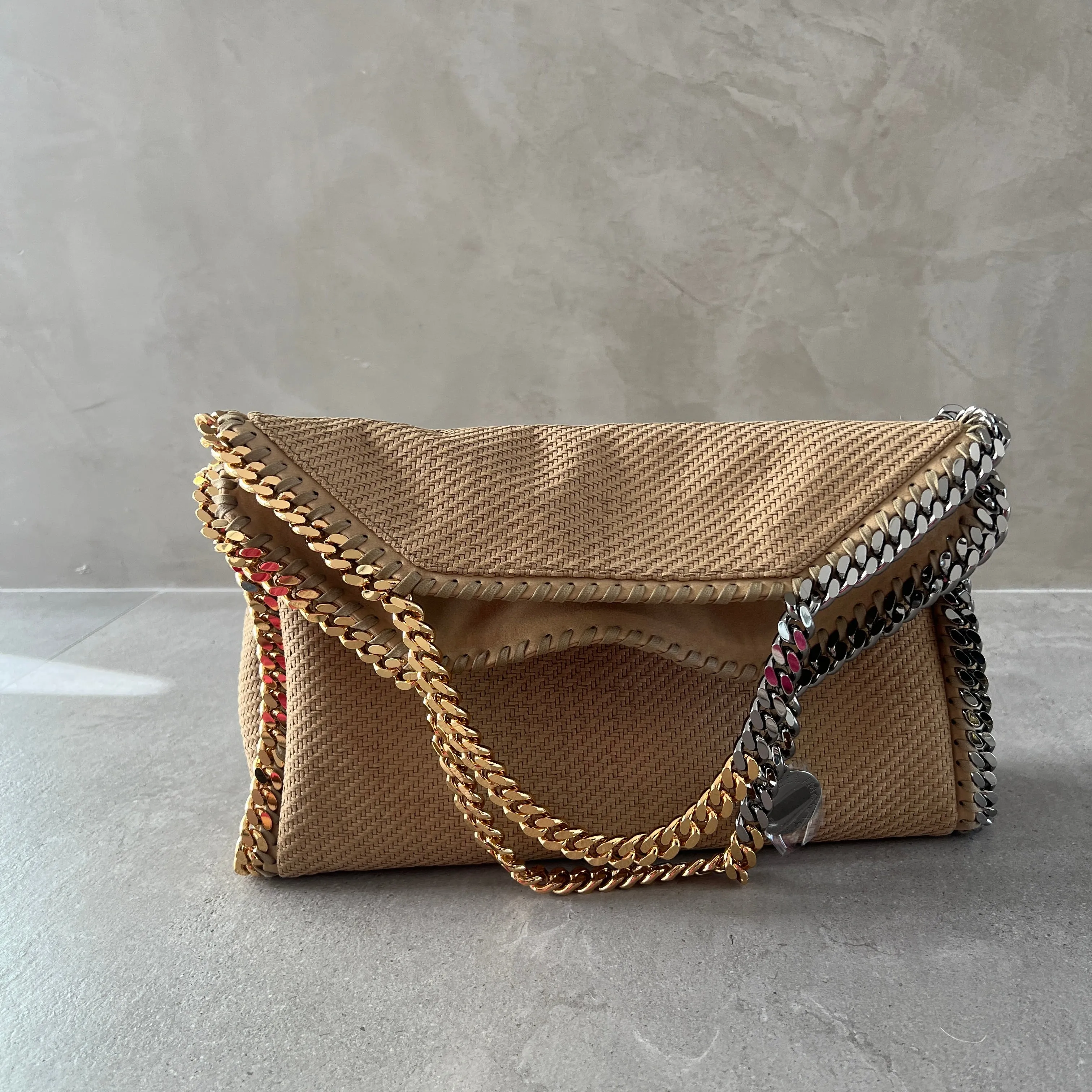 Falabella Large 3 Chain Tote Bag in Woven Suede, Light Camel Bags_Stella Mccartney_Bags