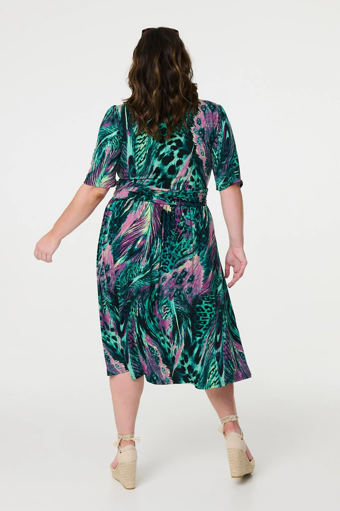 Feather Print 1/2 Sleeve Wrap Midi Dress