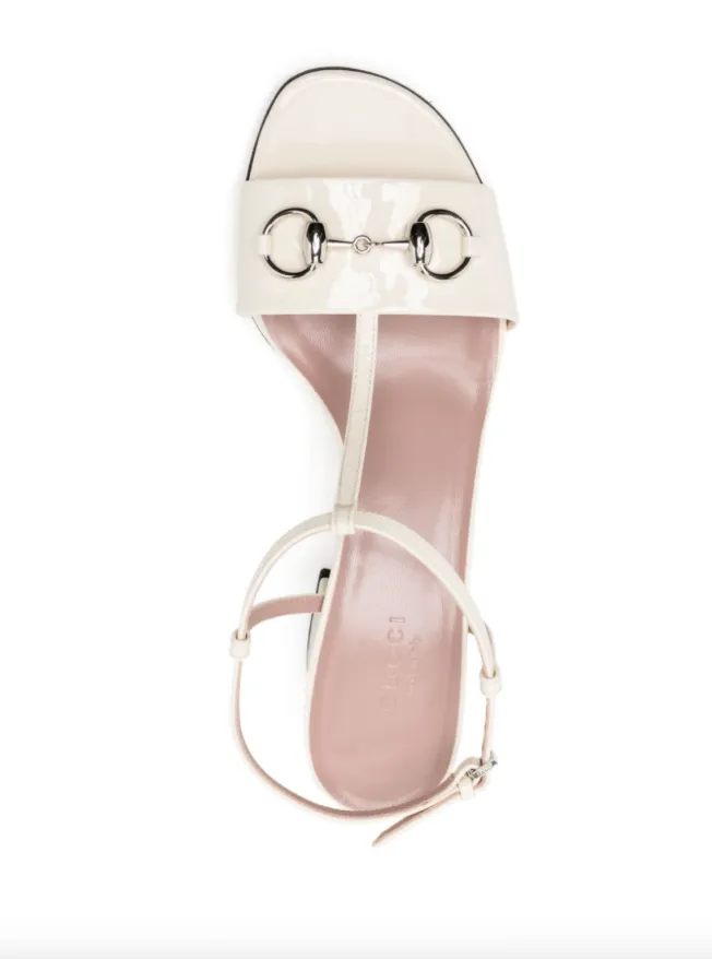 Gucci Off-white patent t-strap horsebit sandals