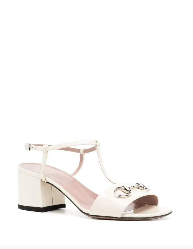 Gucci Off-white patent t-strap horsebit sandals