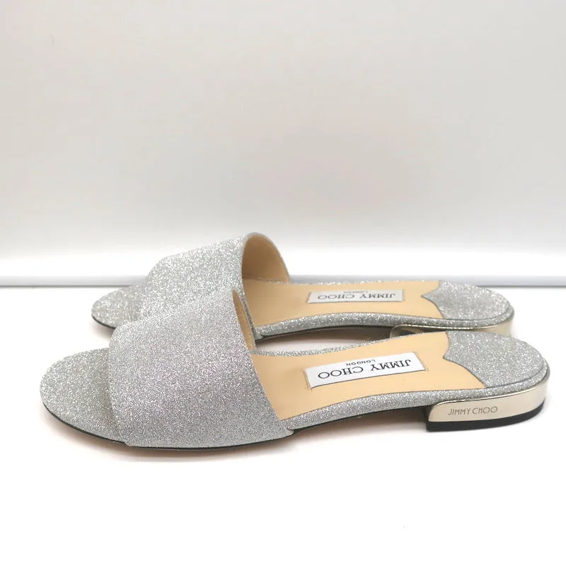 Jimmy Choo Joni Flat Slide Sandals Silver Glitter Size 37.5 NEW