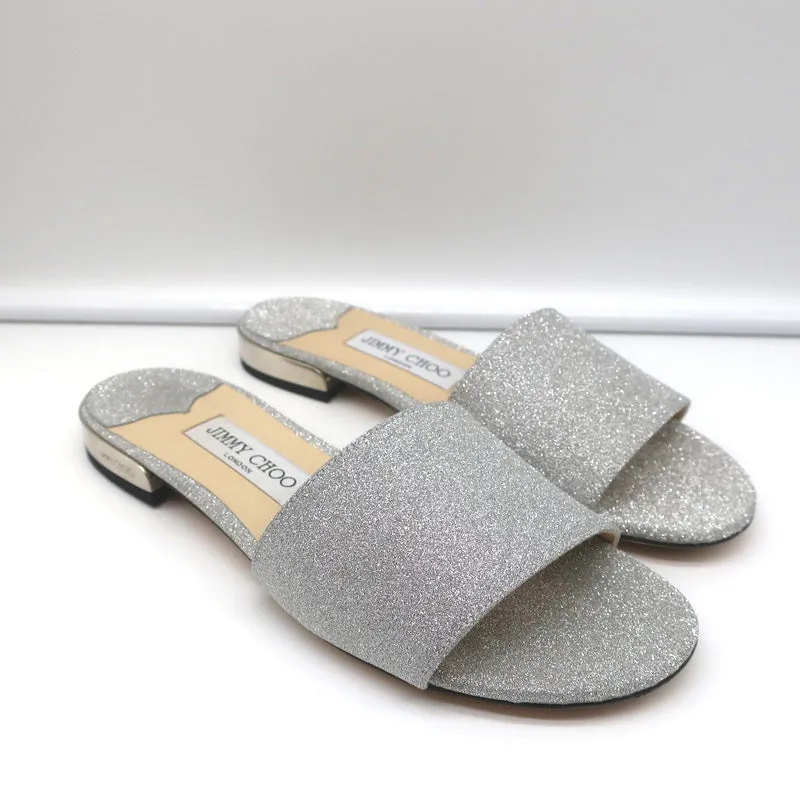 Jimmy Choo Joni Flat Slide Sandals Silver Glitter Size 37.5 NEW