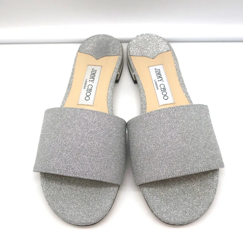 Jimmy Choo Joni Flat Slide Sandals Silver Glitter Size 37.5 NEW