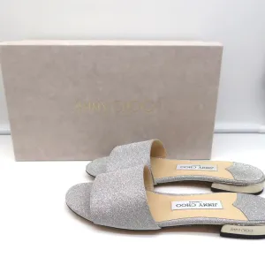 Jimmy Choo Joni Flat Slide Sandals Silver Glitter Size 37.5 NEW