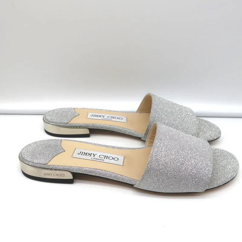 Jimmy Choo Joni Flat Slide Sandals Silver Glitter Size 37.5 NEW