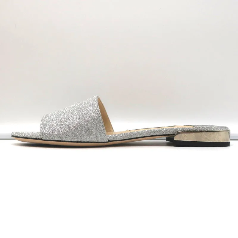 Jimmy Choo Joni Flat Slide Sandals Silver Glitter Size 37.5 NEW