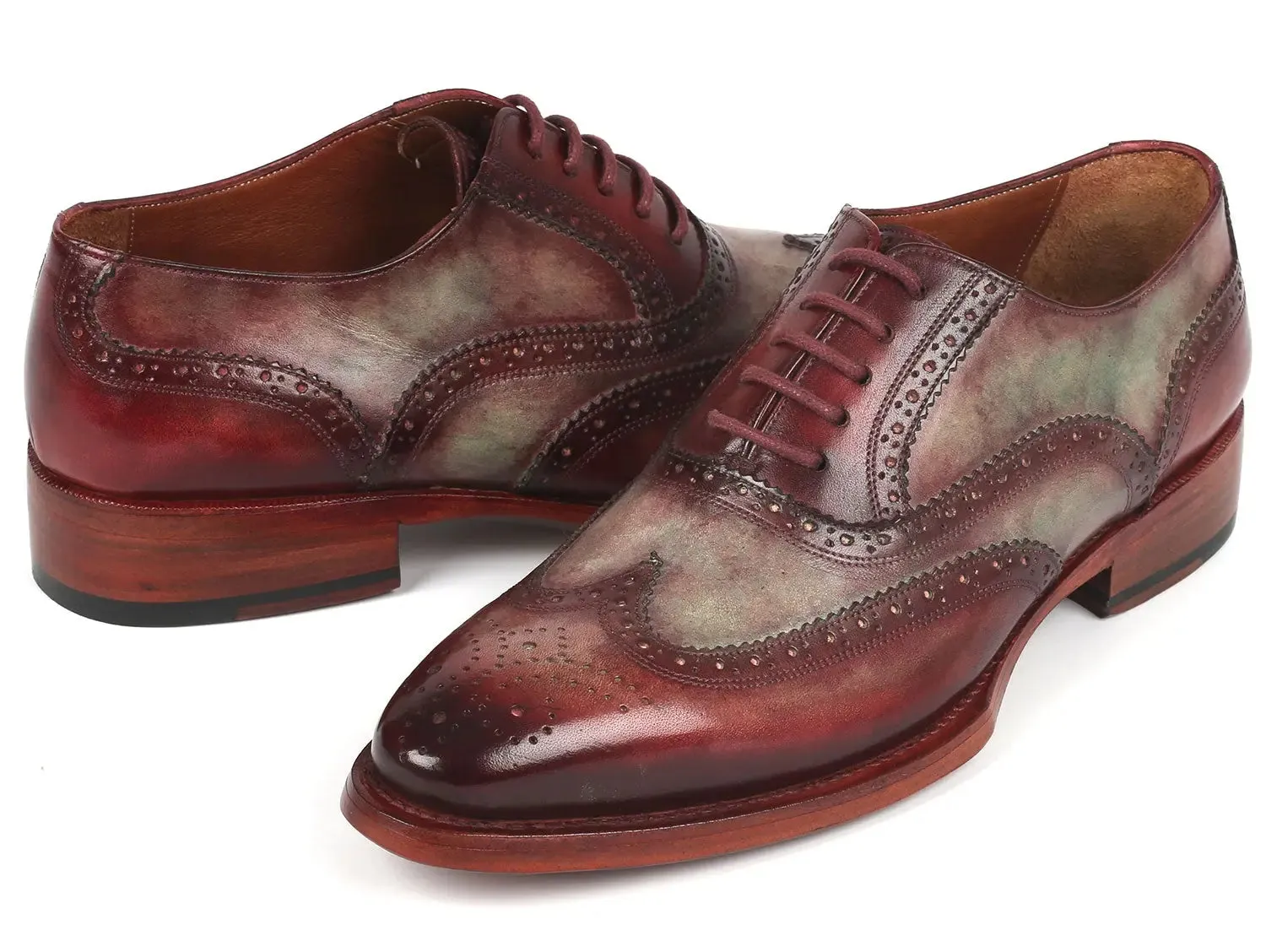 Paul Parkman Shoes Paul Parkman Goodyear Welted Men's Two Tone Wingtip Oxfords in Green & Bordeaux