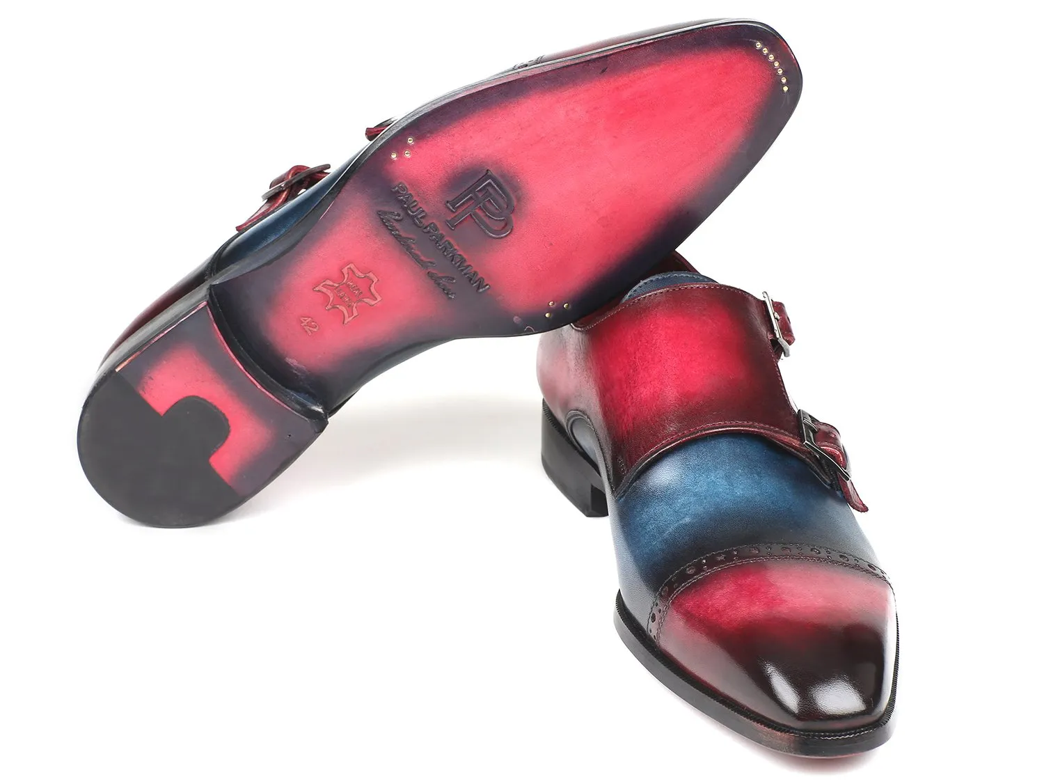 Paul Parkman Shoes Paul Parkman Men's Captoe Double Monkstraps in Blue & Fuxia