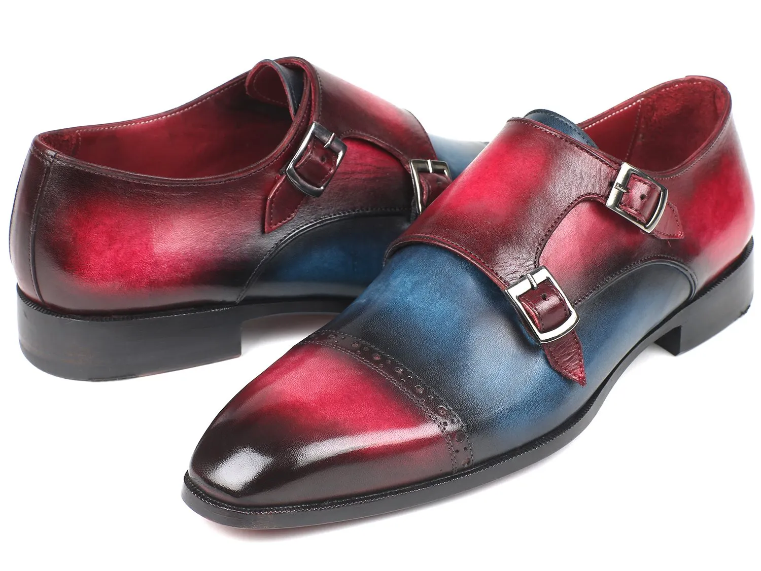 Paul Parkman Shoes Paul Parkman Men's Captoe Double Monkstraps in Blue & Fuxia