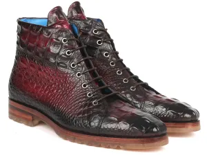 Paul Parkman Shoes Paul Parkman Men's Croco-Embossed Leather Boots in Bordeaux