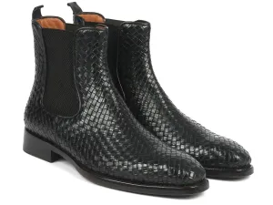 Paul Parkman Shoes Paul Parkman Men's Woven Leather Chelsea Boots in Black