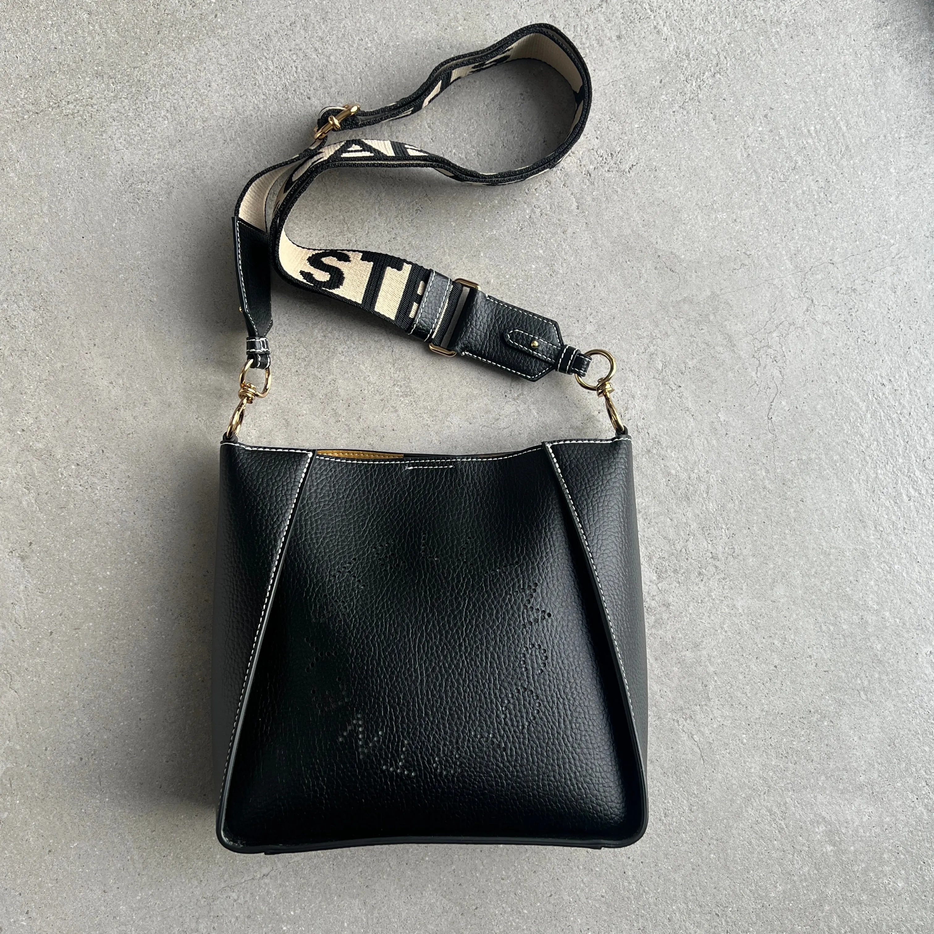 Stella Logo Mini Crossbody Hobo Grain Perforated, Black Bags_Stella Mccartney_Bags