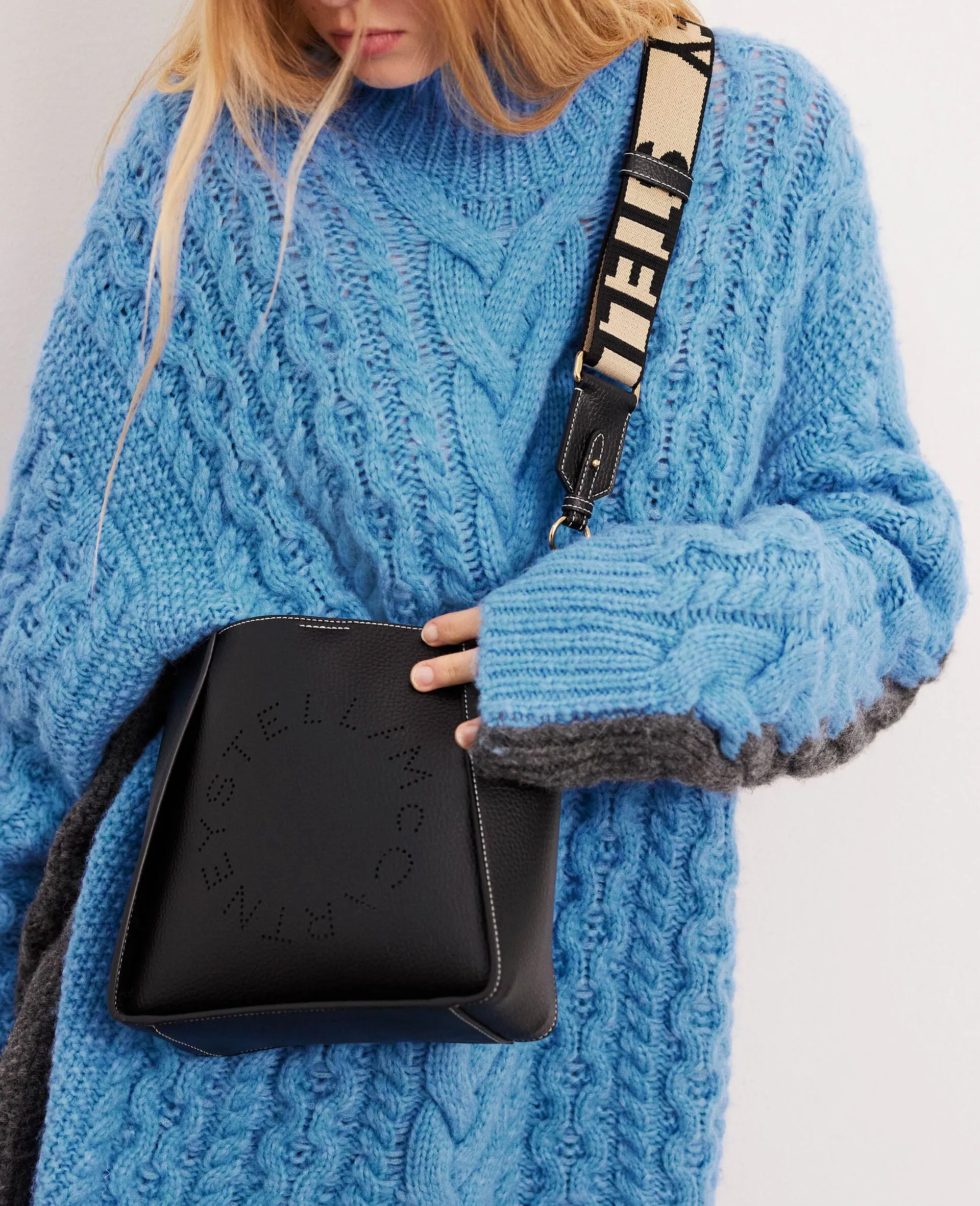 Stella Logo Mini Crossbody Hobo Grain Perforated, Black Bags_Stella Mccartney_Bags