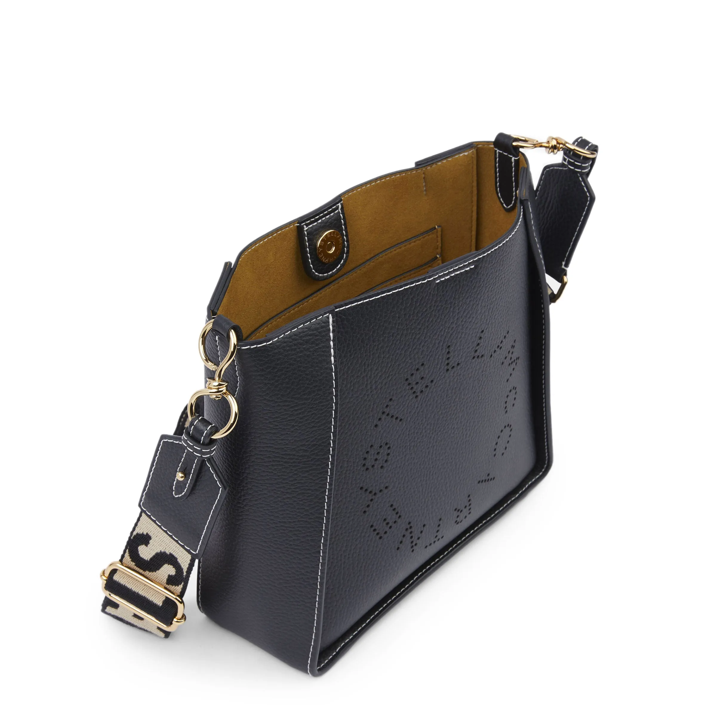 Stella Logo Mini Crossbody Hobo Grain Perforated, Black Bags_Stella Mccartney_Bags