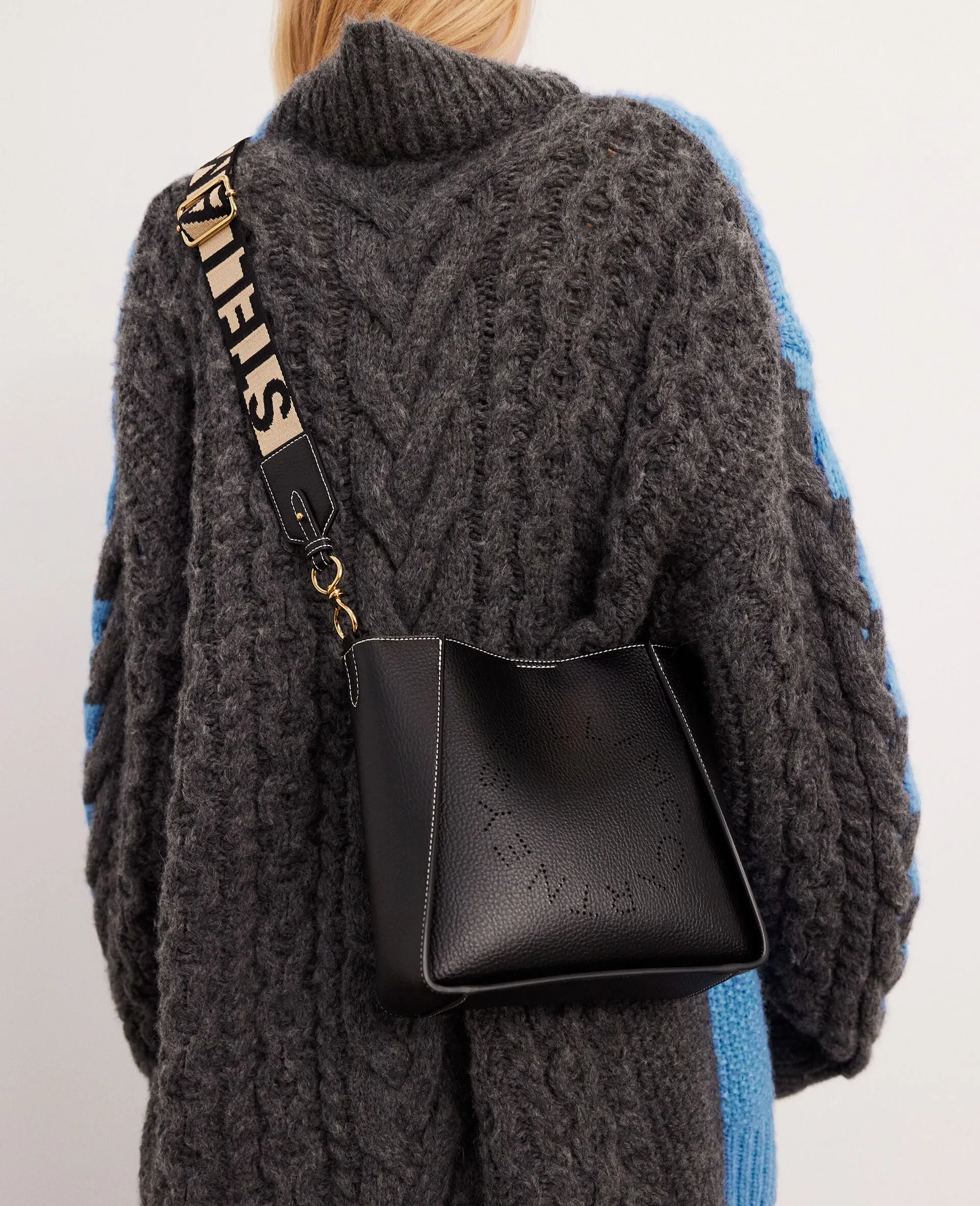 Stella Logo Mini Crossbody Hobo Grain Perforated, Black Bags_Stella Mccartney_Bags