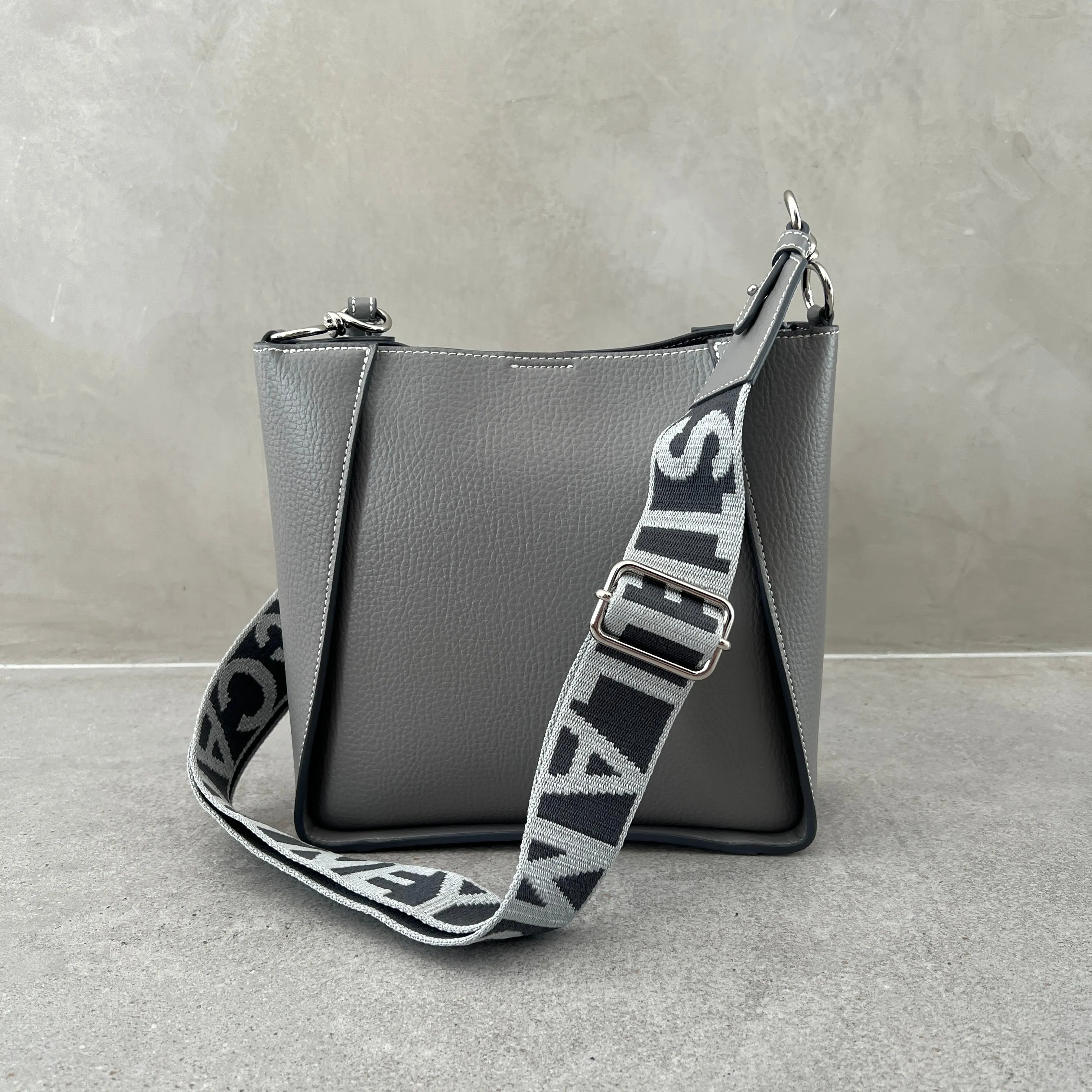 Stella Logo Mini Crossbody Hobo Grain Perforated, Smoke Bags_Stella Mccartney_Bags