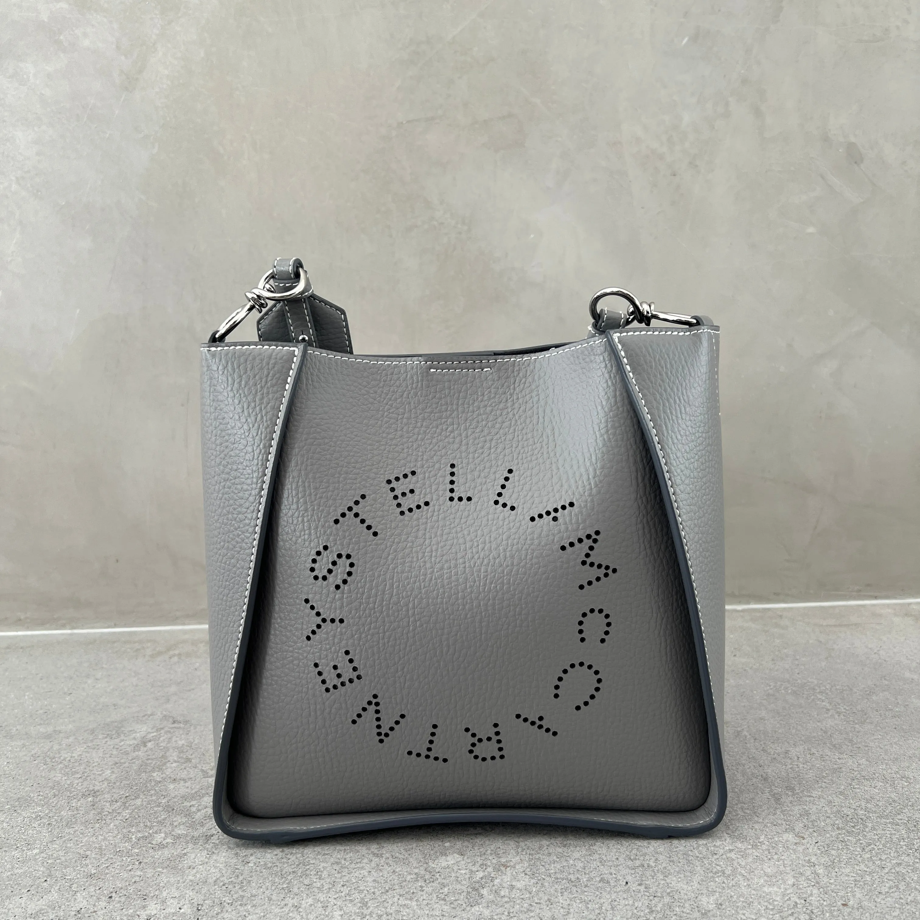Stella Logo Mini Crossbody Hobo Grain Perforated, Smoke Bags_Stella Mccartney_Bags