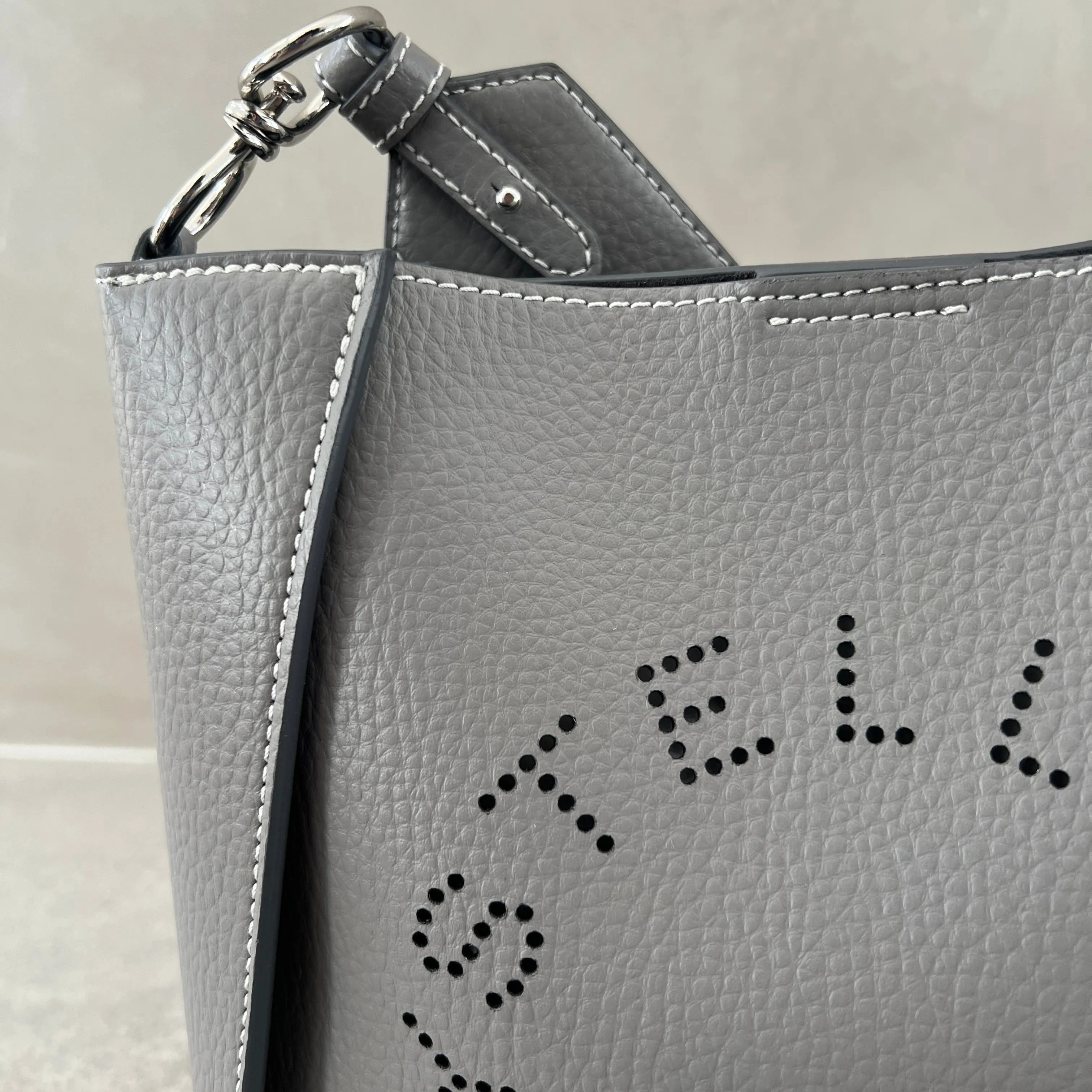 Stella Logo Mini Crossbody Hobo Grain Perforated, Smoke Bags_Stella Mccartney_Bags