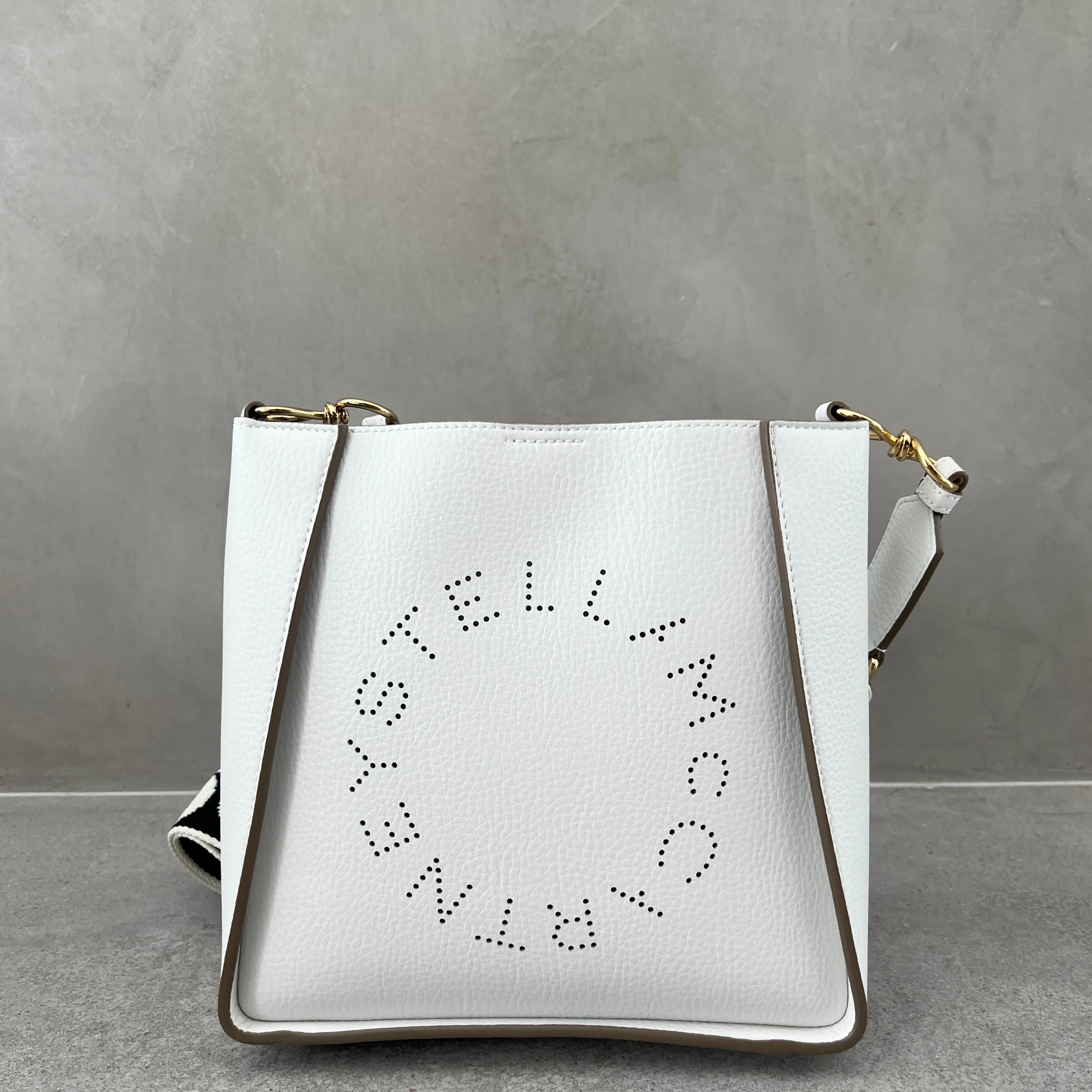 Stella Logo Mini Crossbody Hobo Grain Perforated, White Bags_Stella Mccartney_Bags
