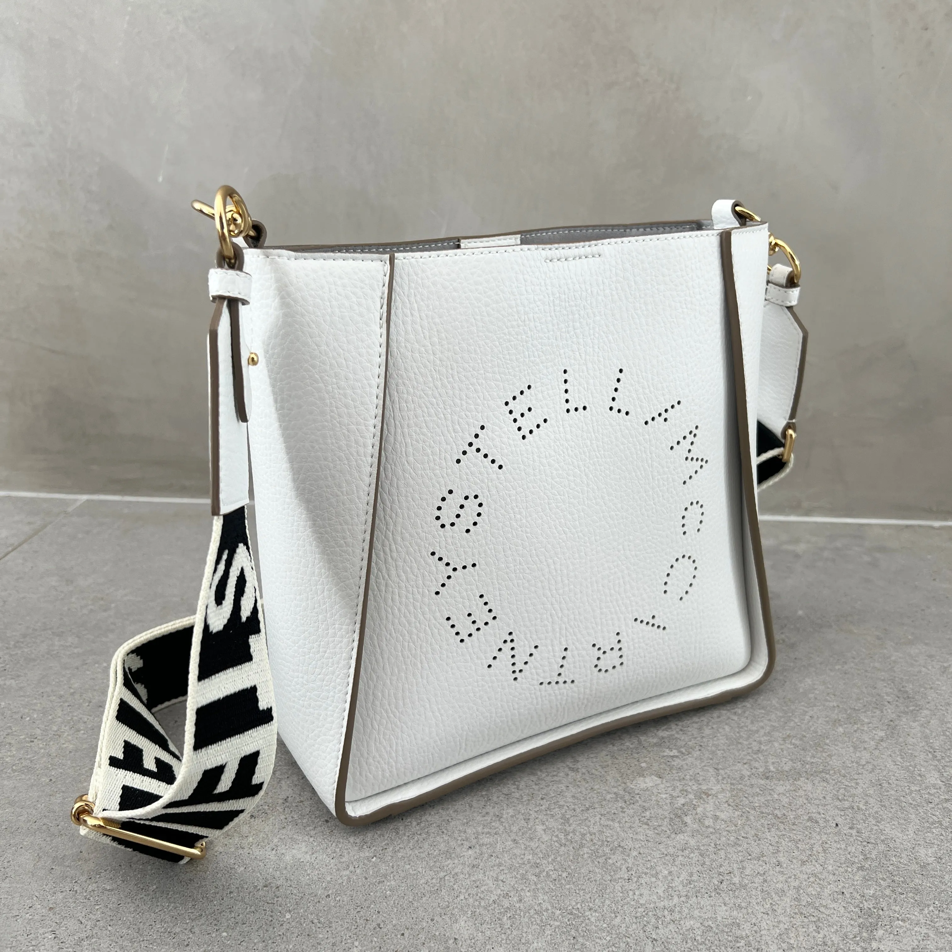 Stella Logo Mini Crossbody Hobo Grain Perforated, White Bags_Stella Mccartney_Bags