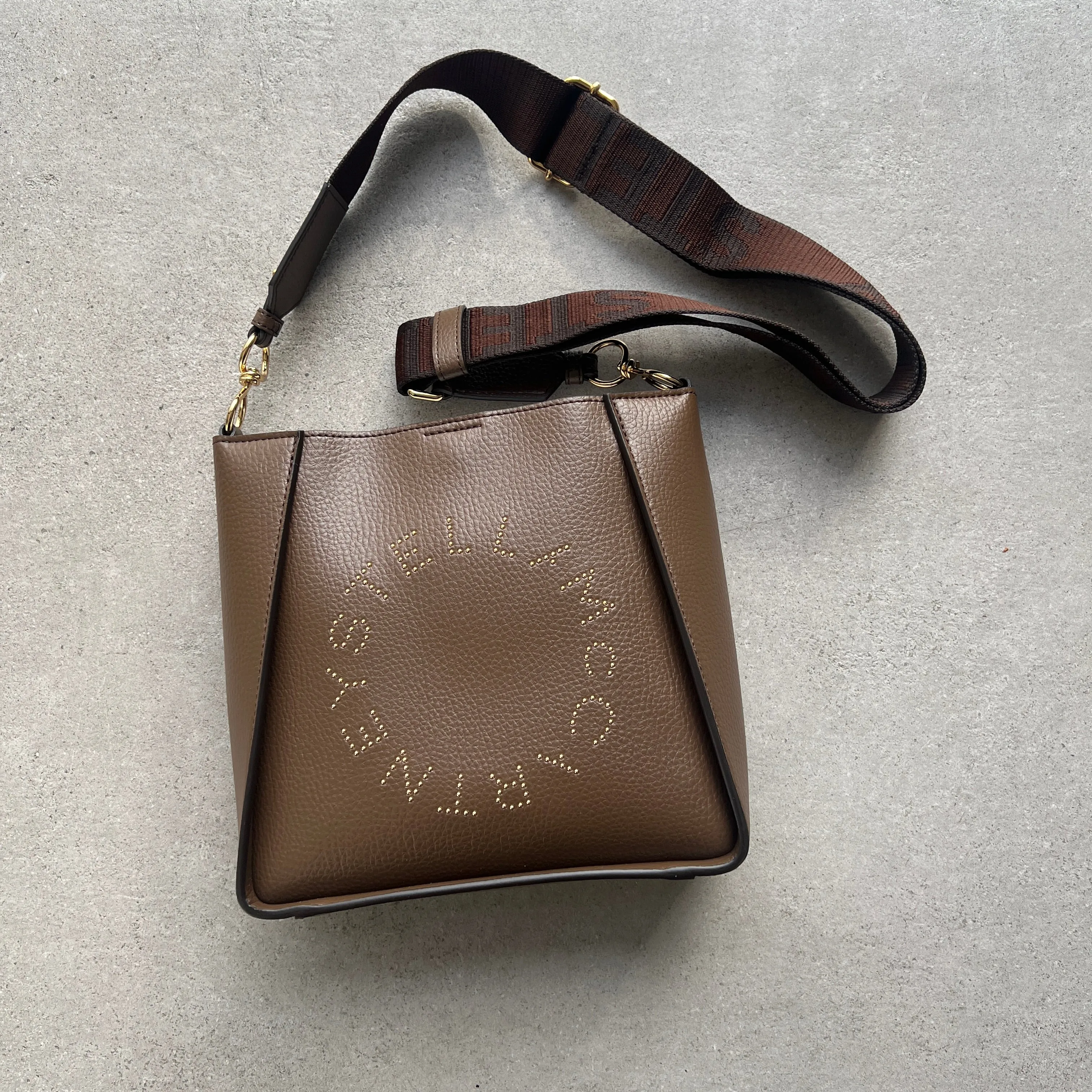 Stella Logo Mini Crossbody Hobo Grain Stud, Brown Bags_Stella Mccartney_Bags